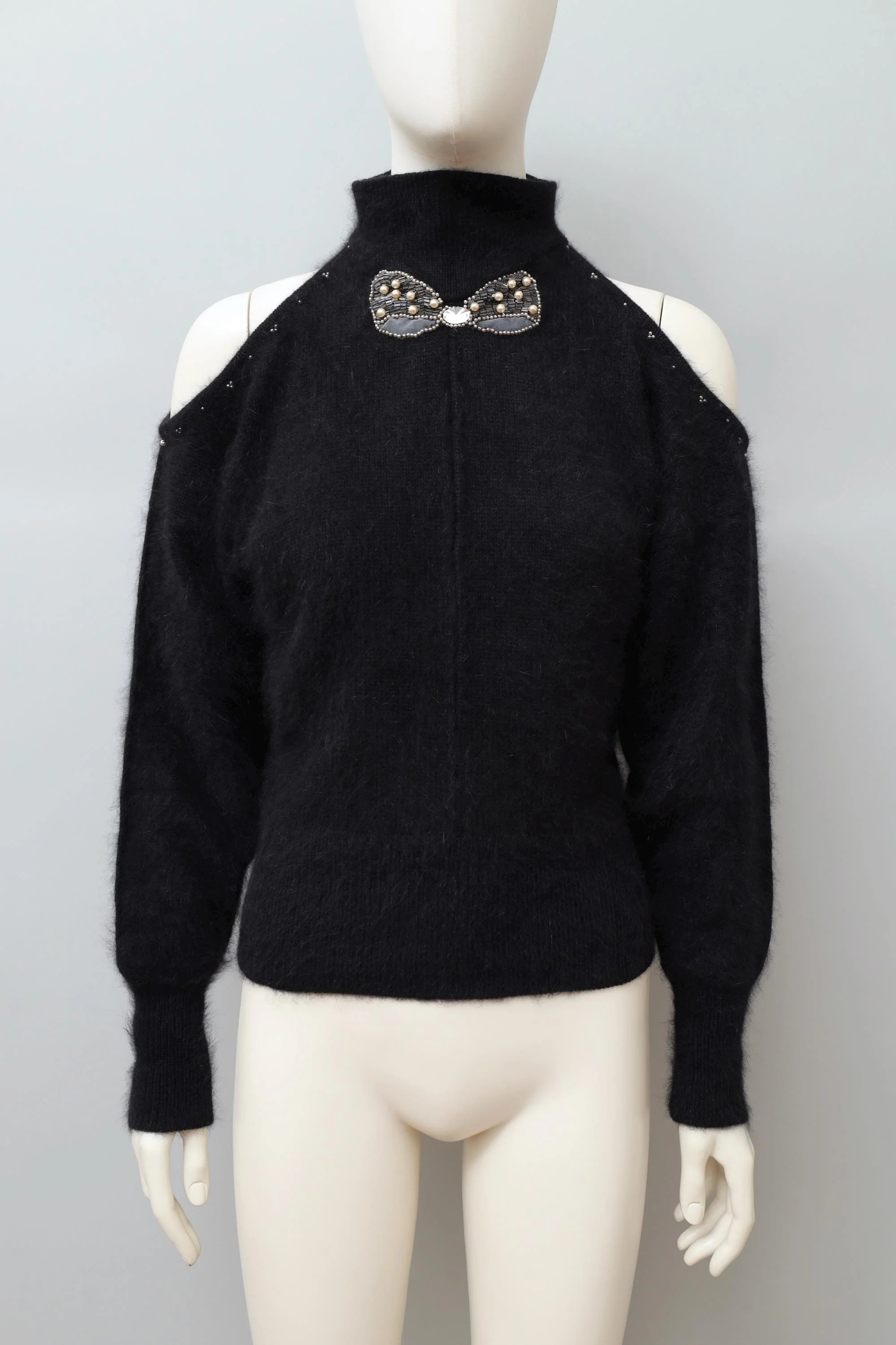 late 1970s / early 1980s Thierry Mugler pearl bow appliqué black angora sweater
