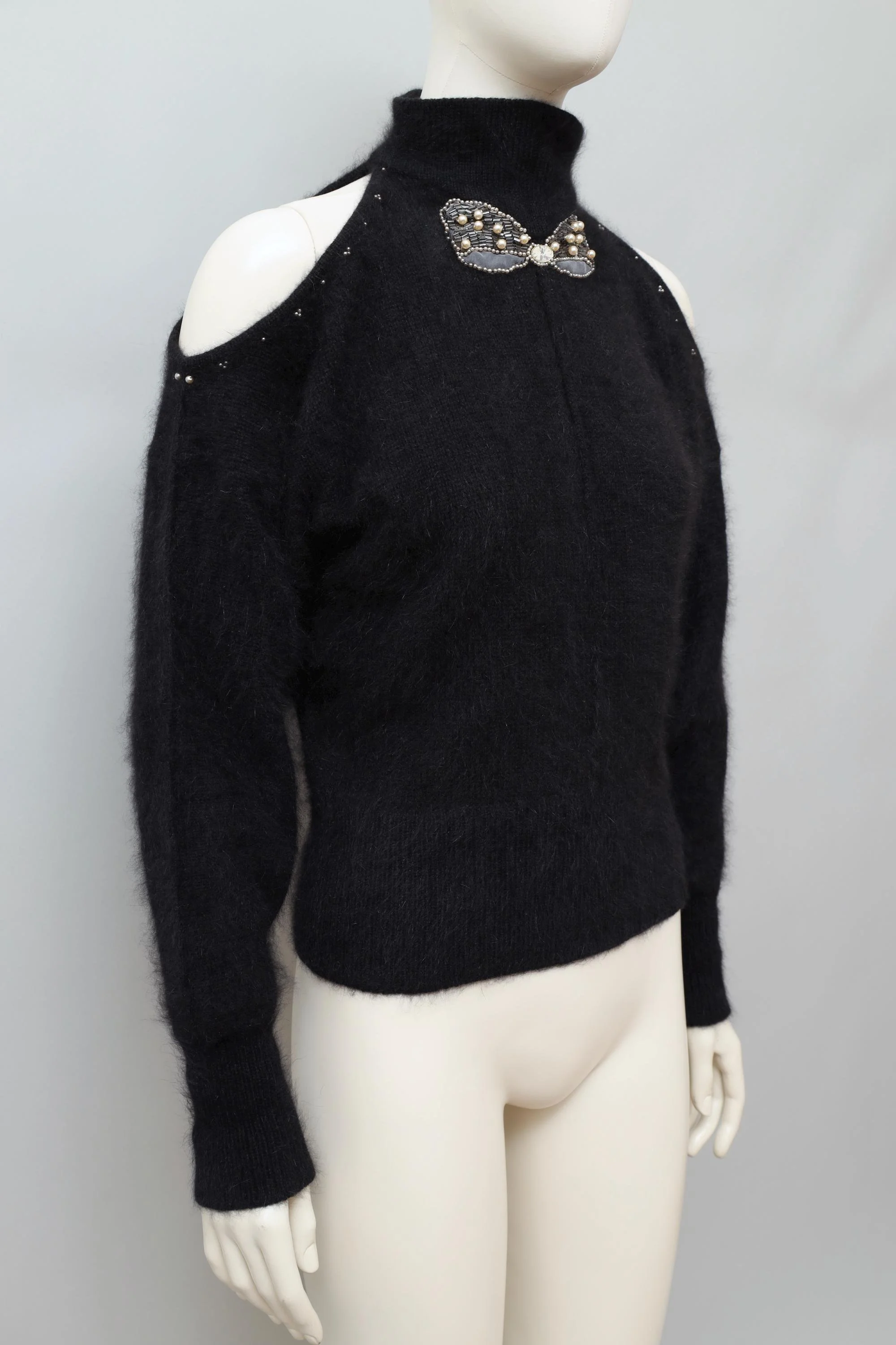 late 1970s / early 1980s Thierry Mugler pearl bow appliqué black angora sweater