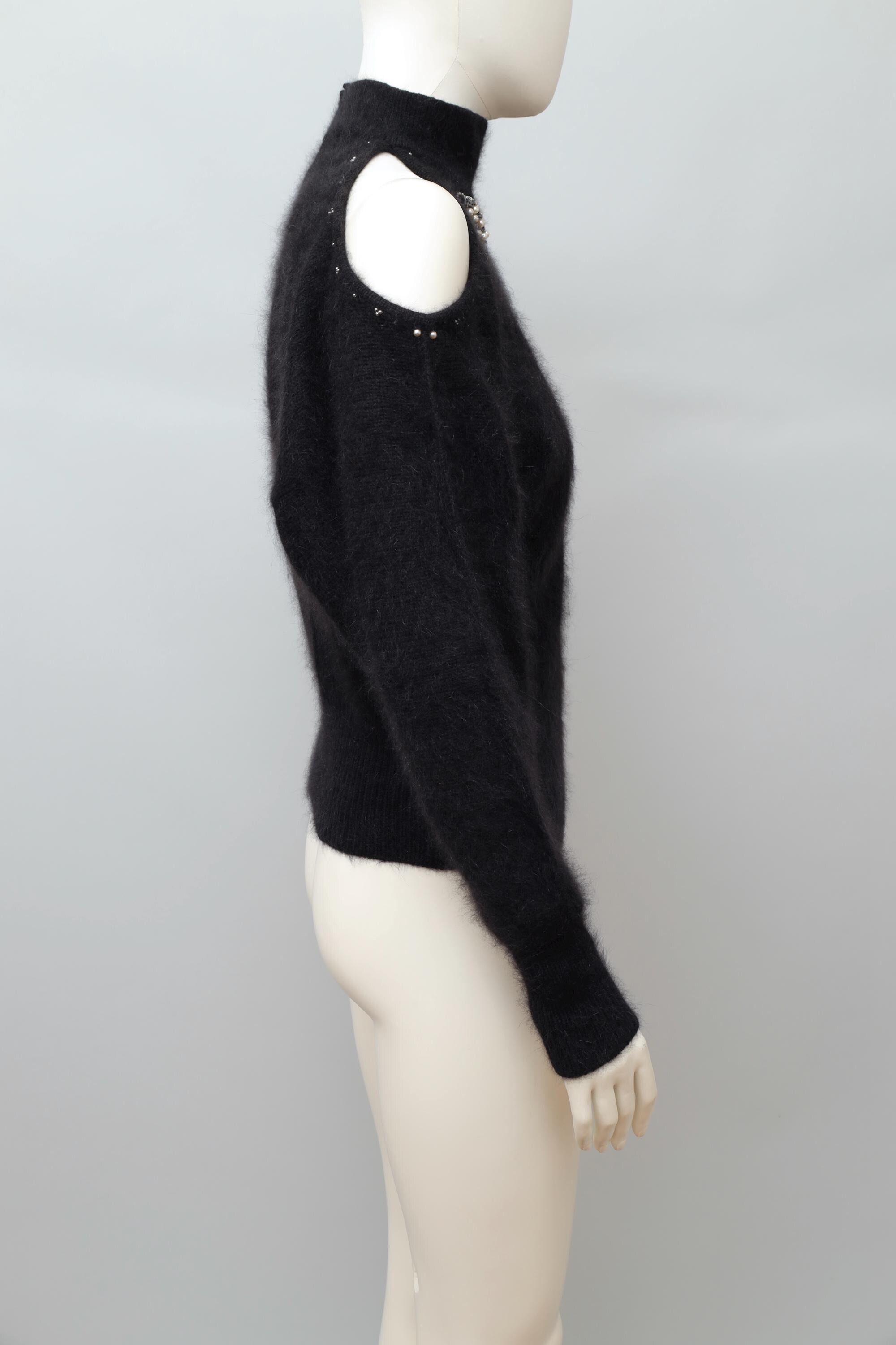 late 1970s / early 1980s Thierry Mugler pearl bow appliqué black angora sweater