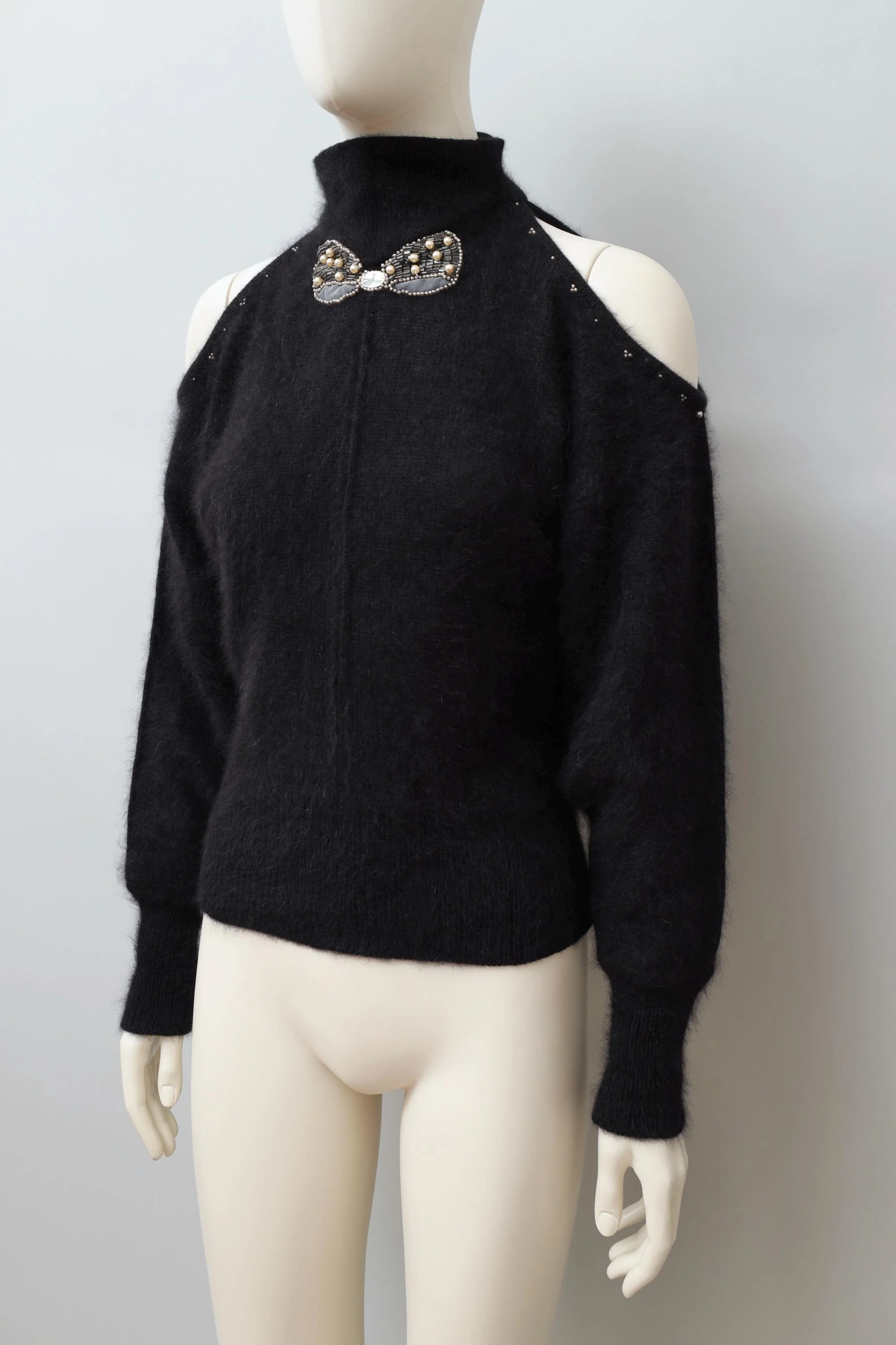 late 1970s / early 1980s Thierry Mugler pearl bow appliqué black angora sweater