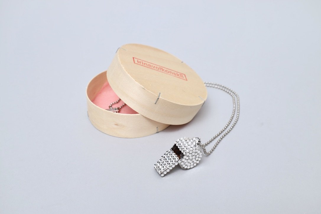 Irina Volkonskii silver toned rhinestone whistle ball chain necklace