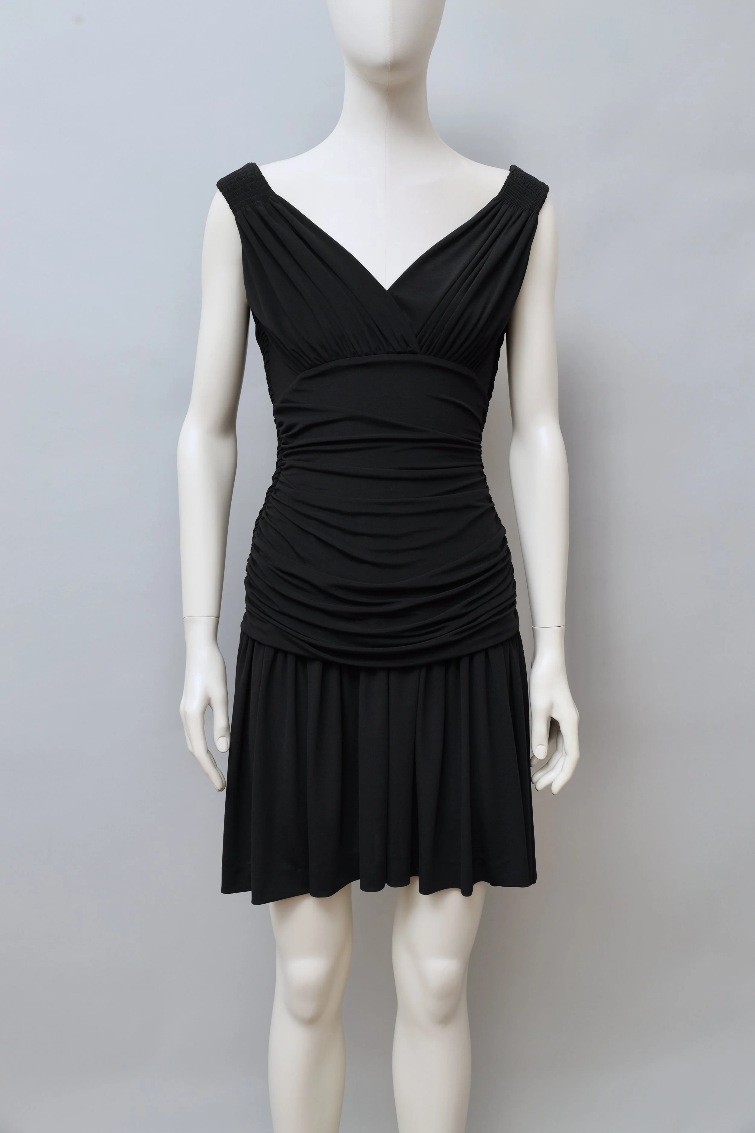 S/S 1990 Norma Kamali ruched black stretch mini dress