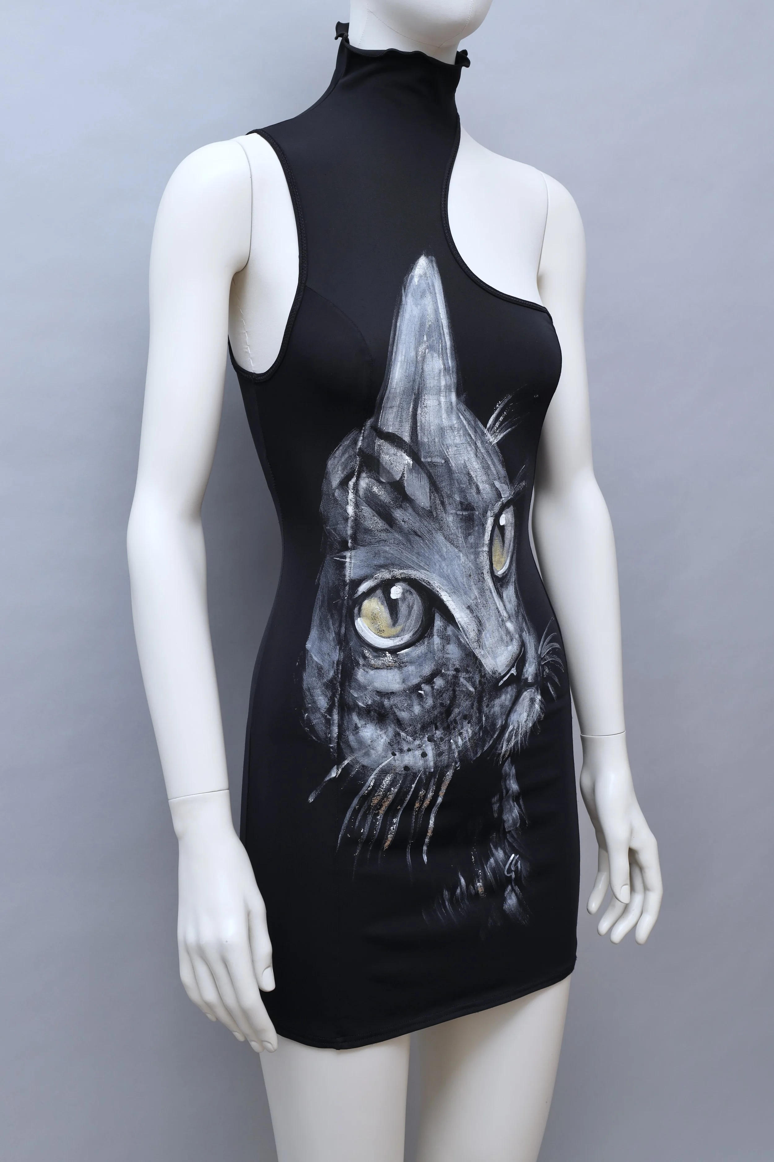 2000s Omar Piragino turtleneck black cat print dress