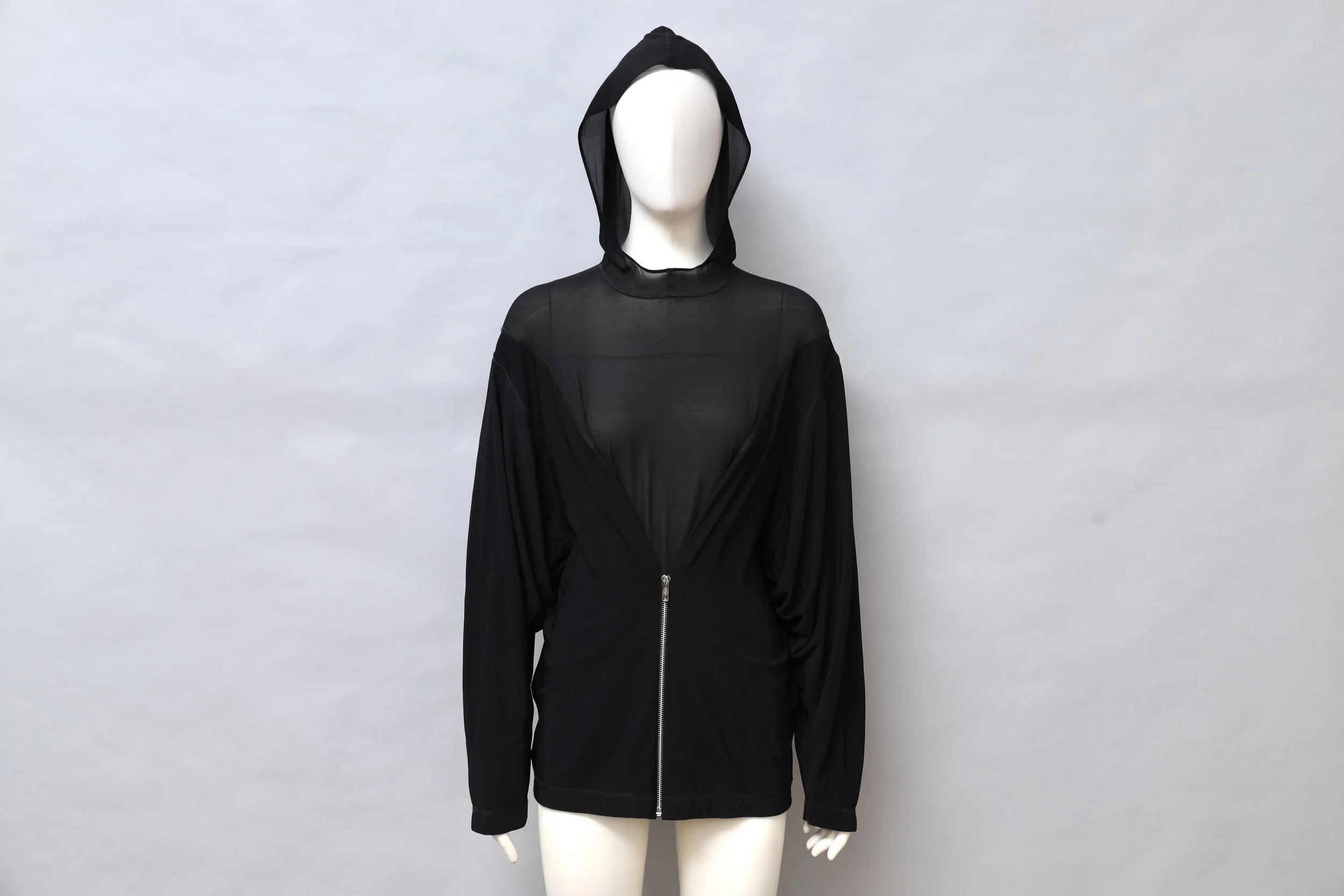F/W 1990 Chantal Thomass black fleece jersey and silk muslin zip batwing hoodie