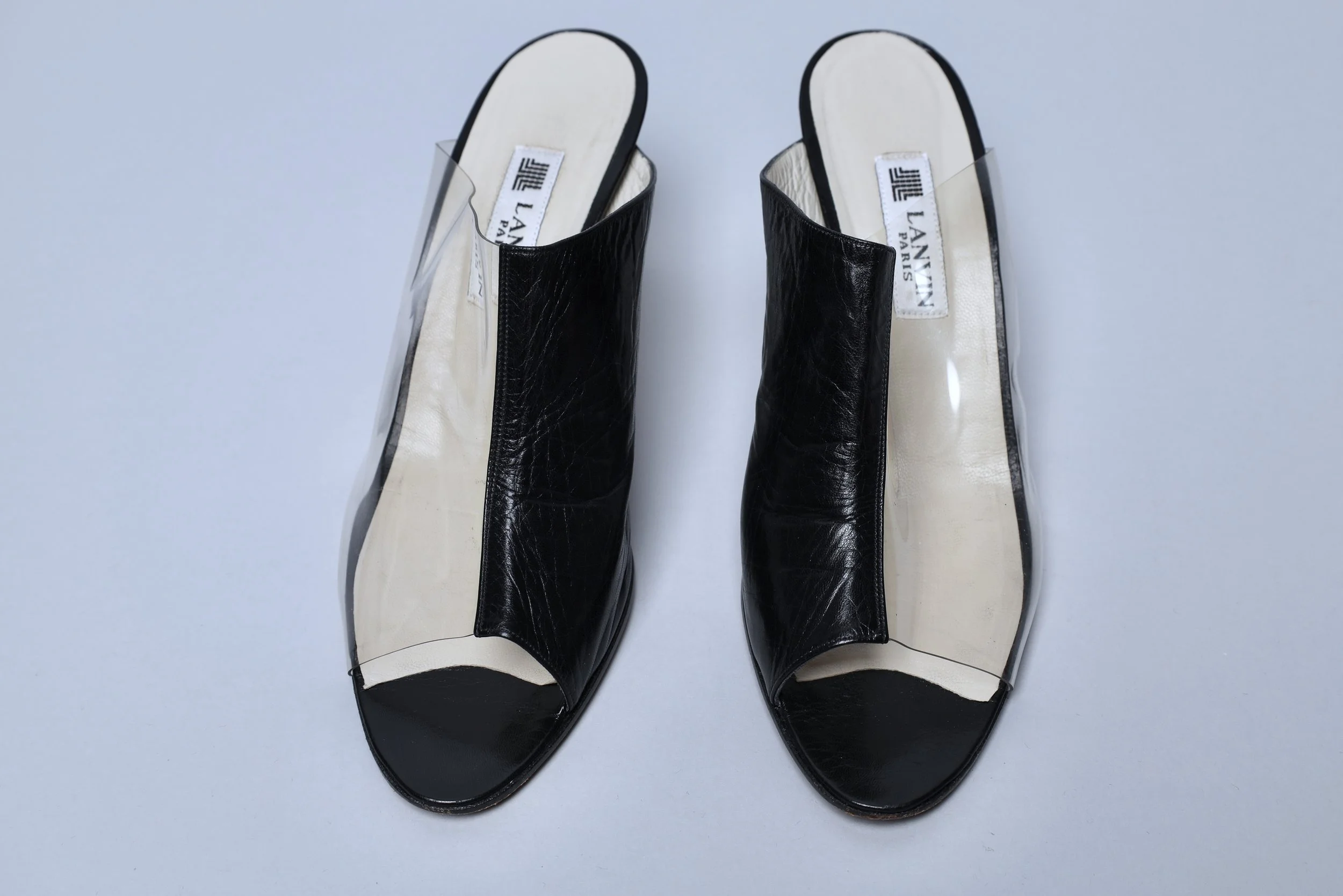 1980s Lanvin vinyl and leather lucite heel slip on sandals