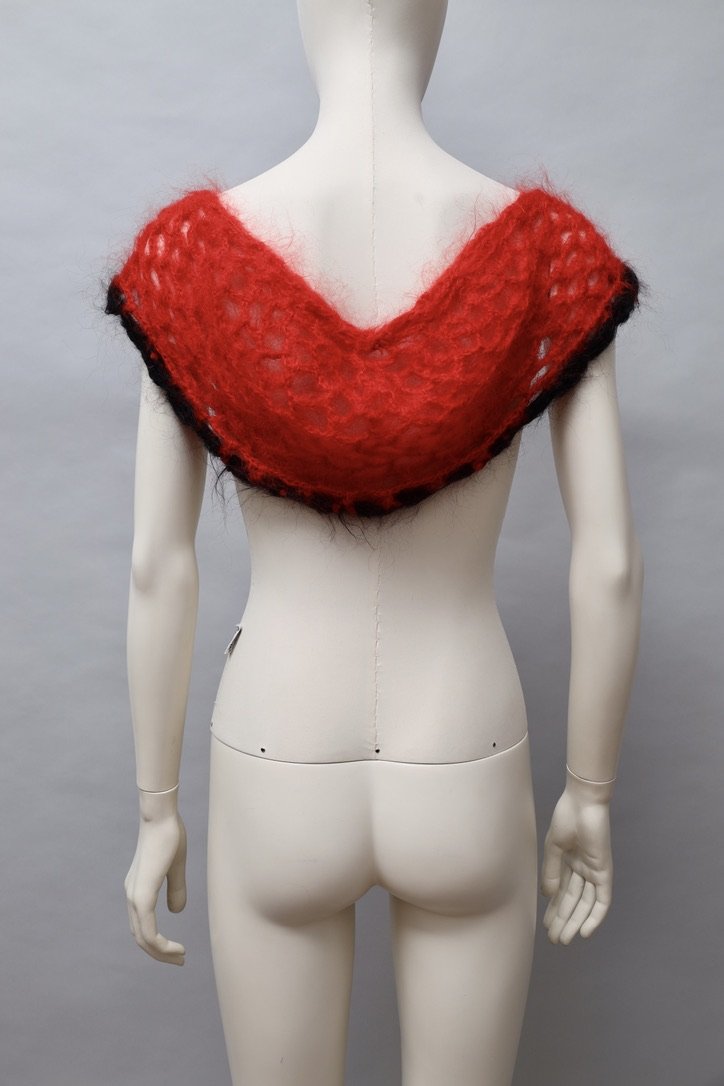 Vintage French red and black loose knit mohair shawl