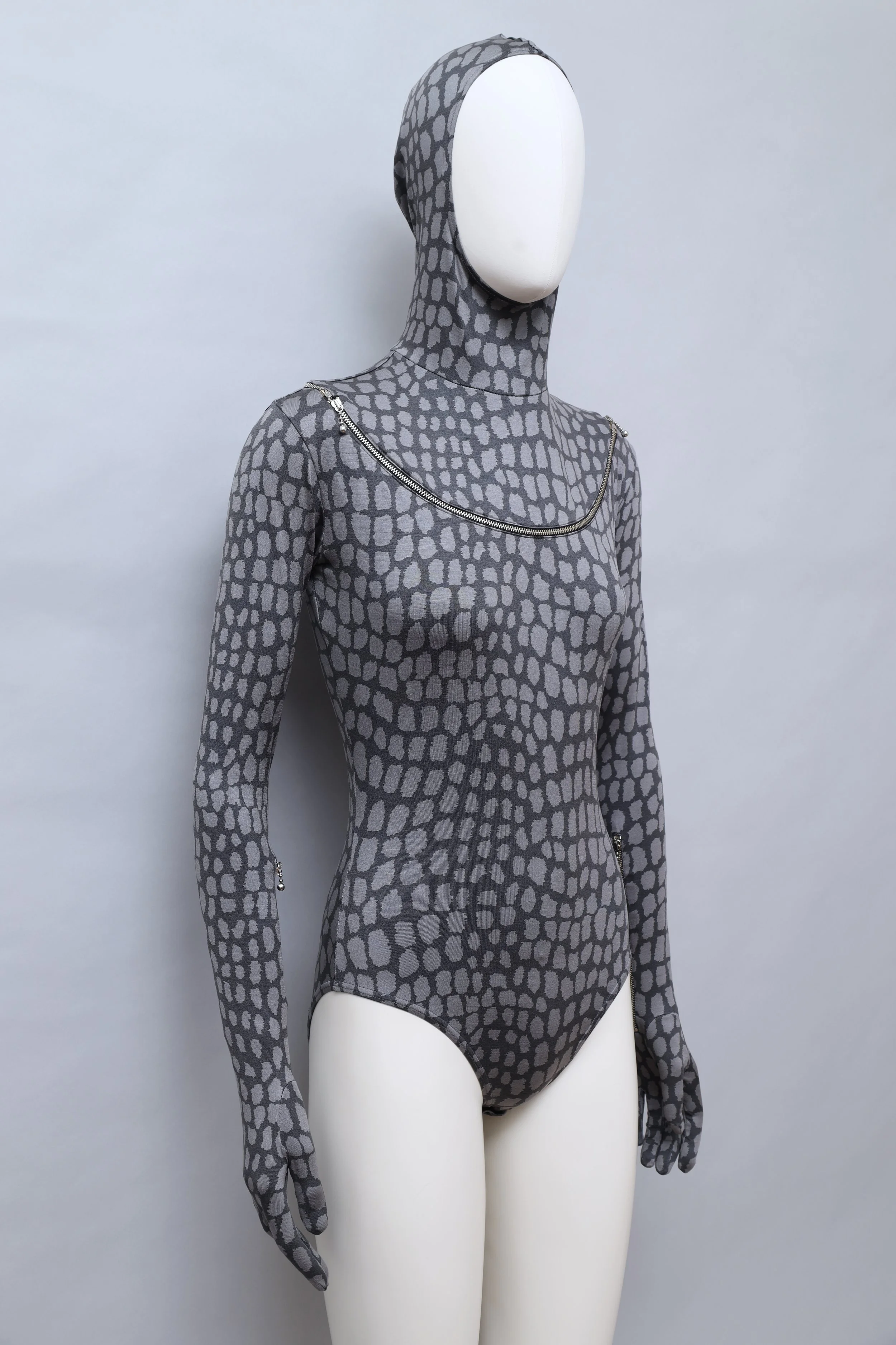 F/W 1992 Chantal Thomass gray crocodile print zip hooded bodysuit