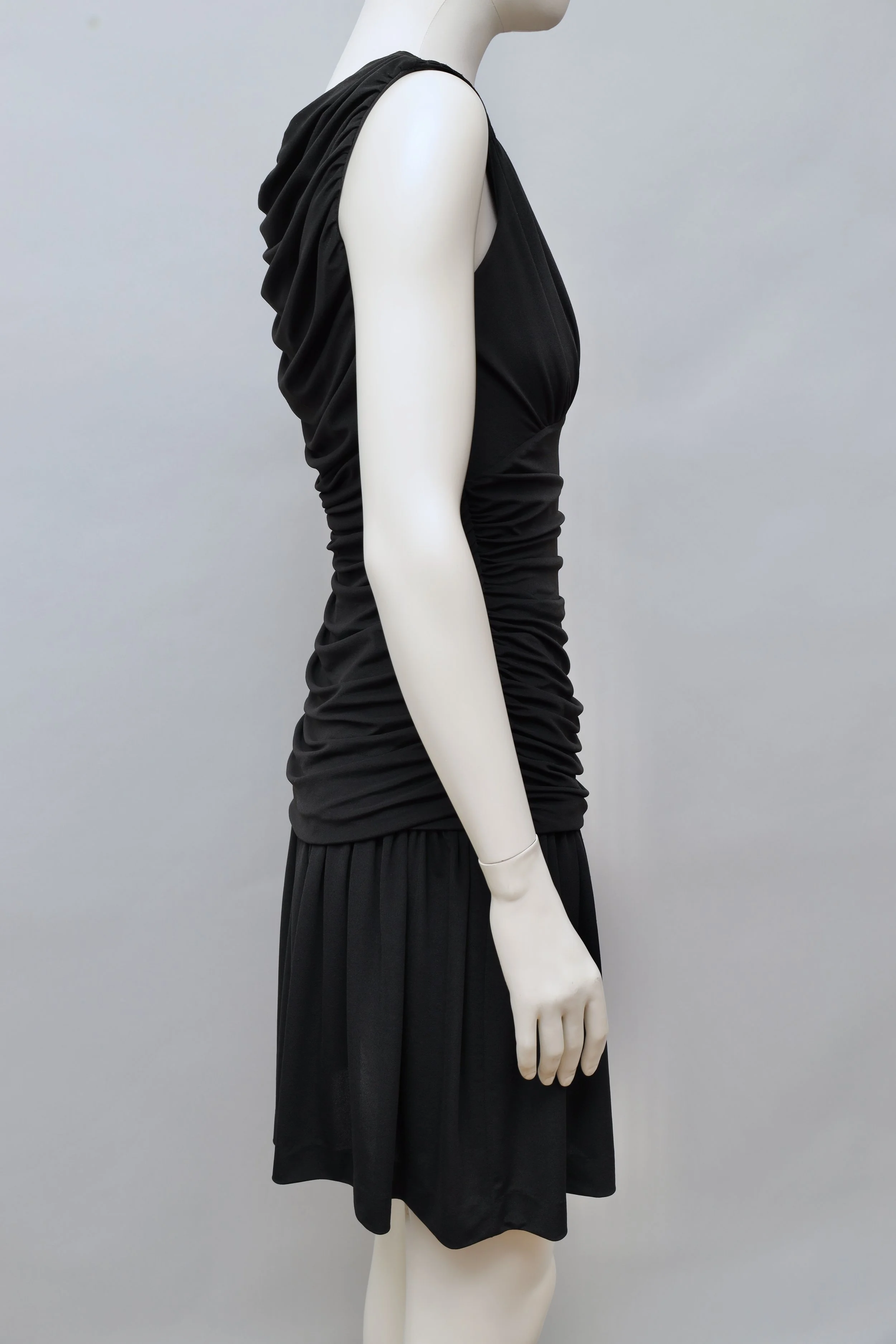 S/S 1990 Norma Kamali ruched black stretch mini dress