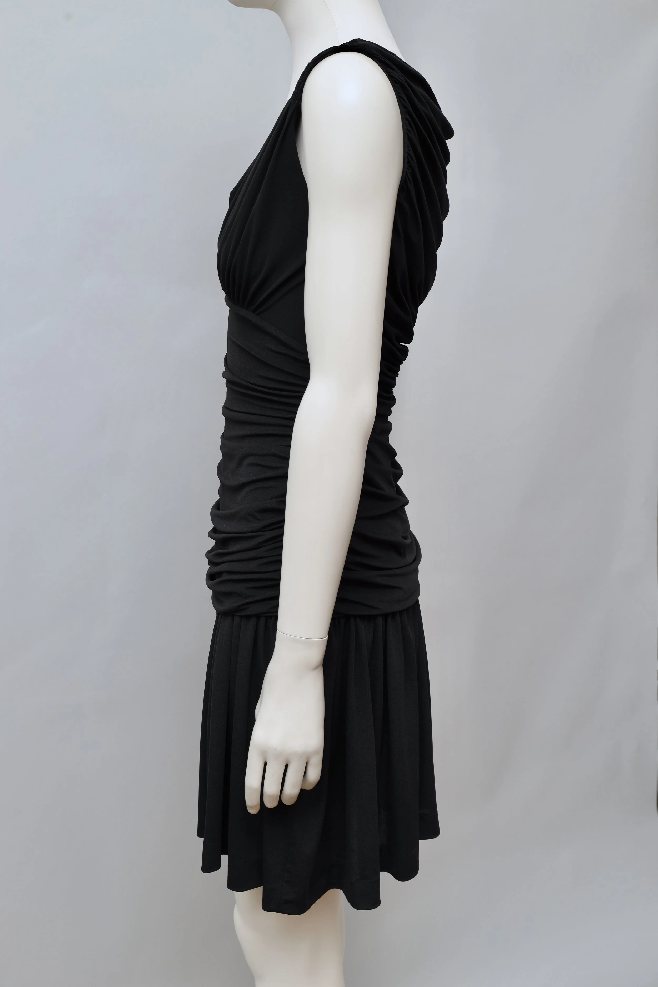 S/S 1990 Norma Kamali ruched black stretch mini dress