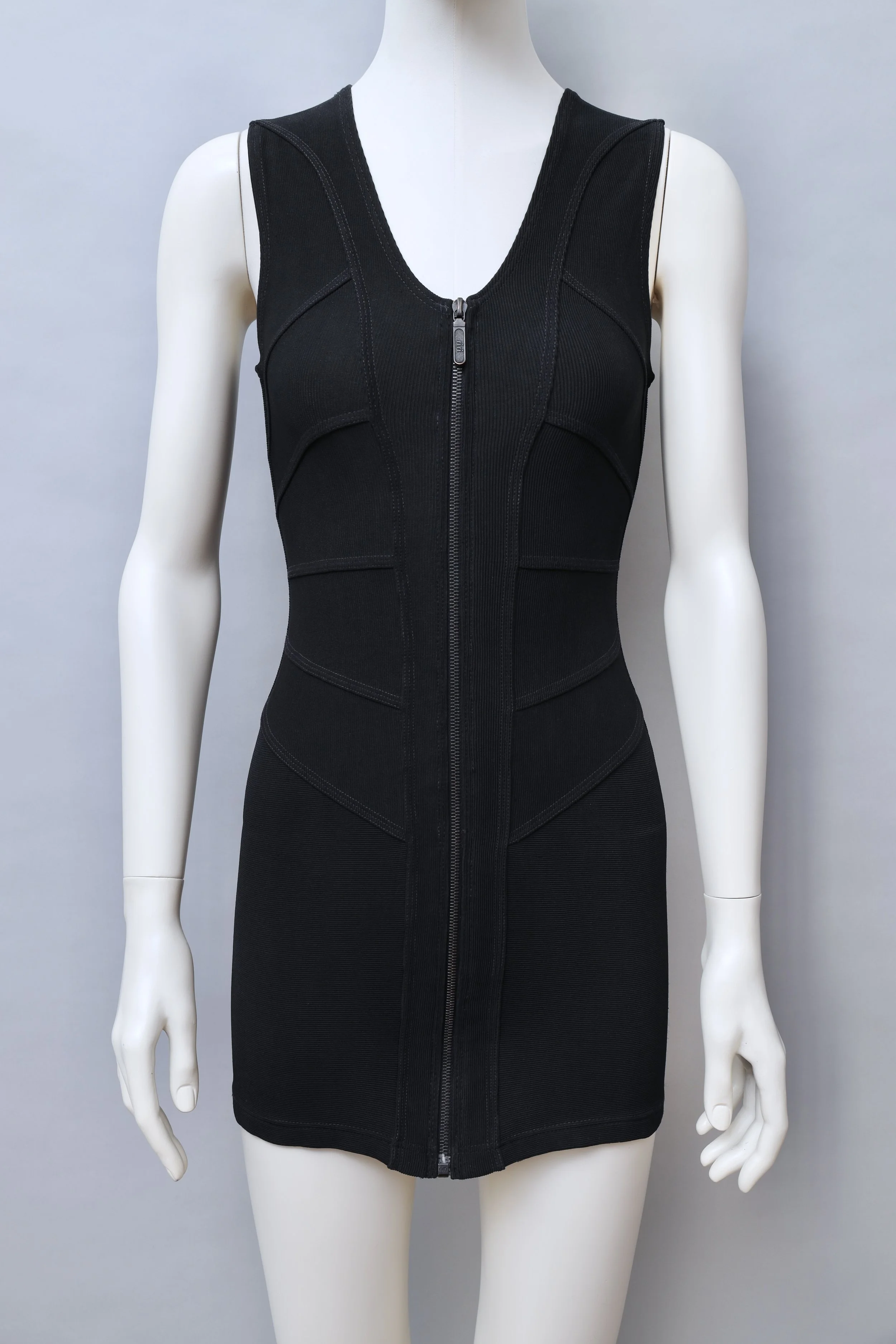 1980s Chrissie Walsh black panel stretch zip mini dress