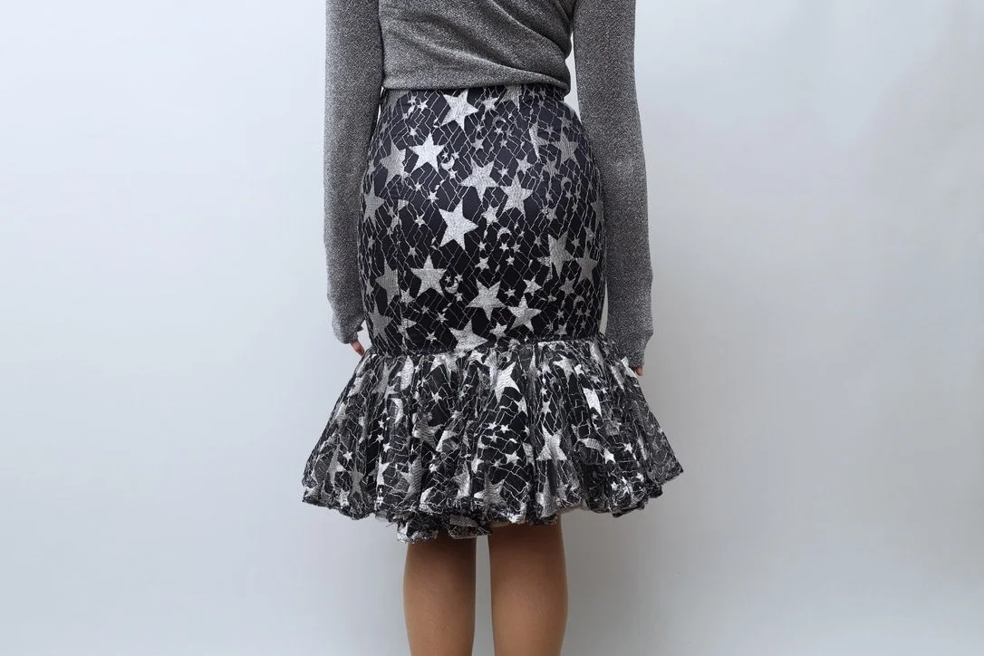 F/W 1986 Chantal Thomass midnight blue silver thread star lace tulle skirt