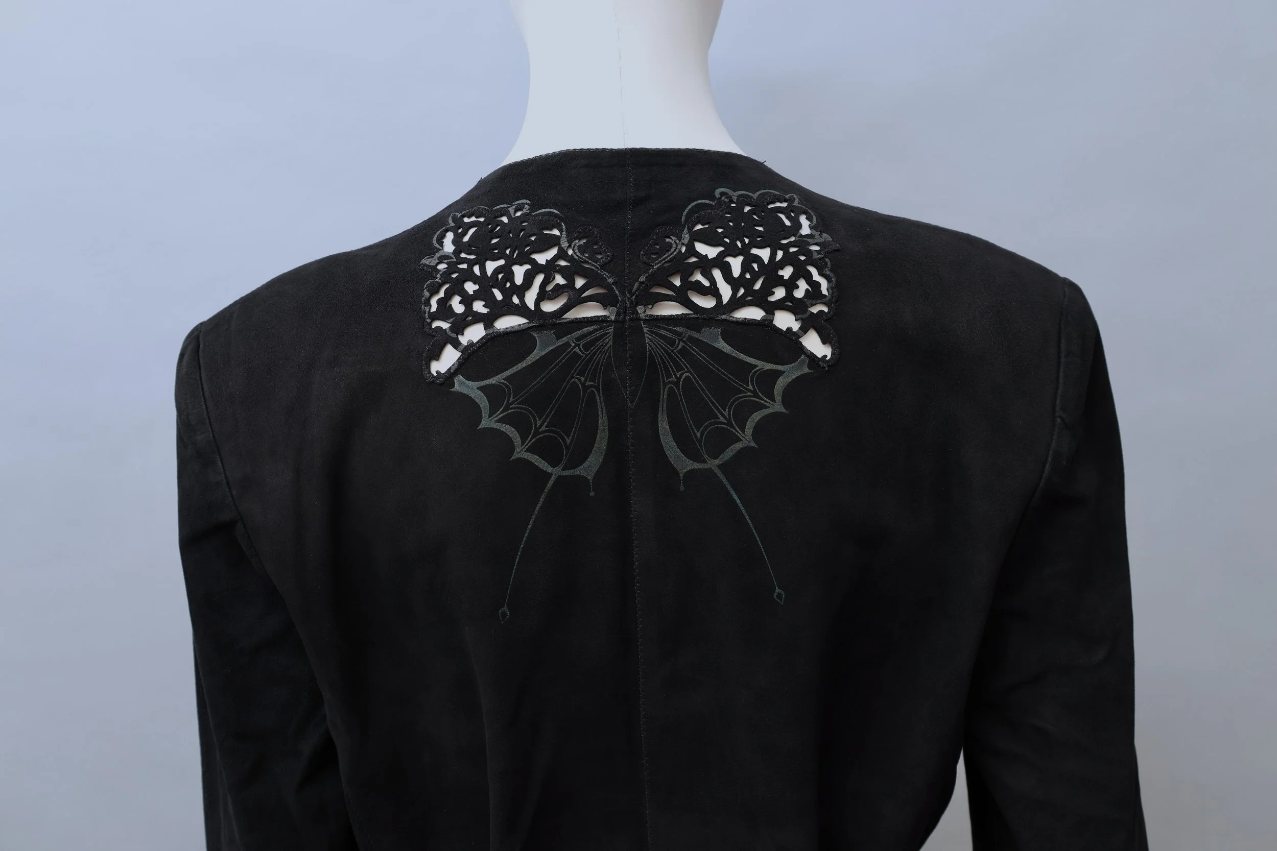 1970s Roberto Cavalli black butterfly laser cut suede jacket