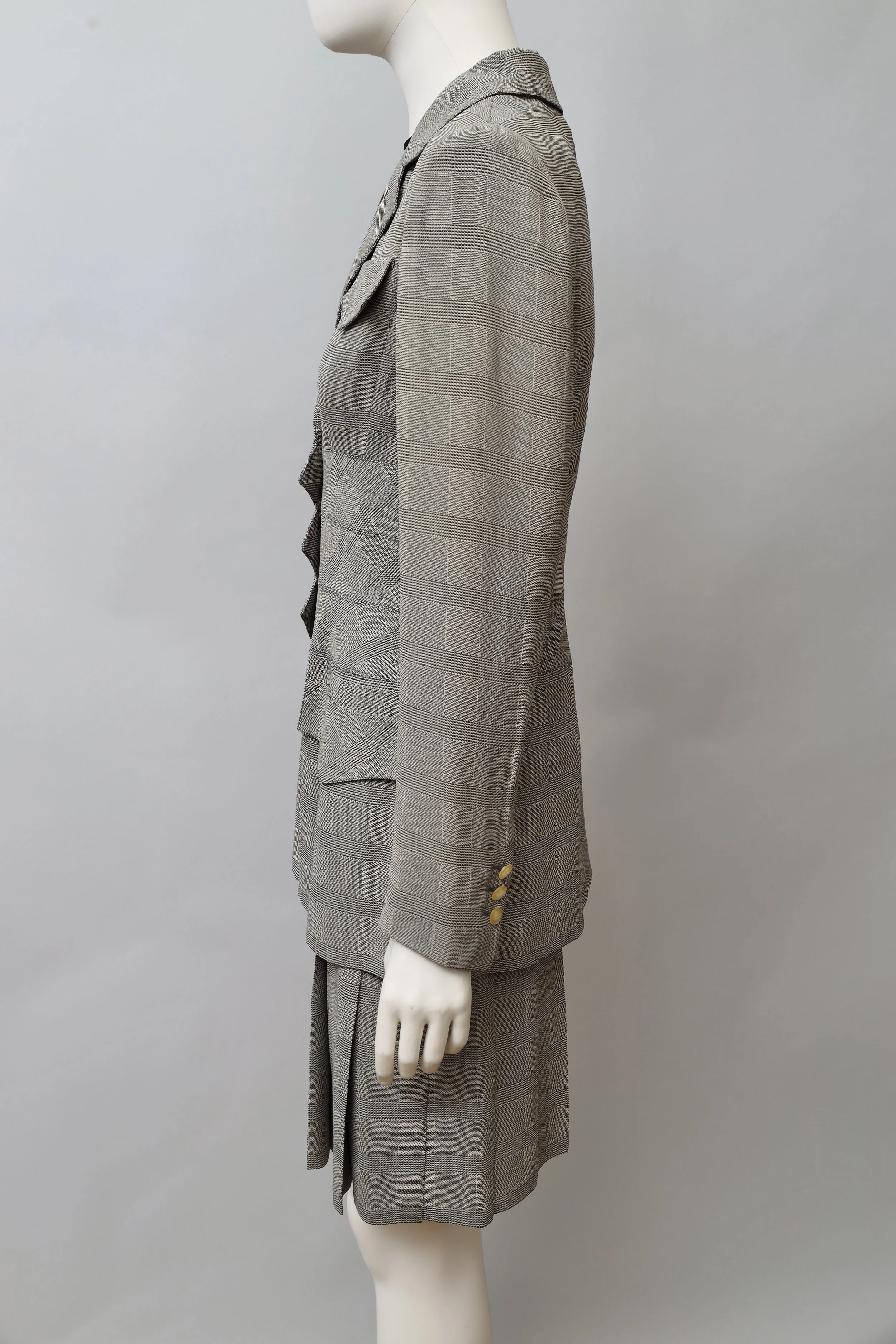 1980s Angelo Tarlazzi zig-zag plaid blazer and pleated dress ensemble