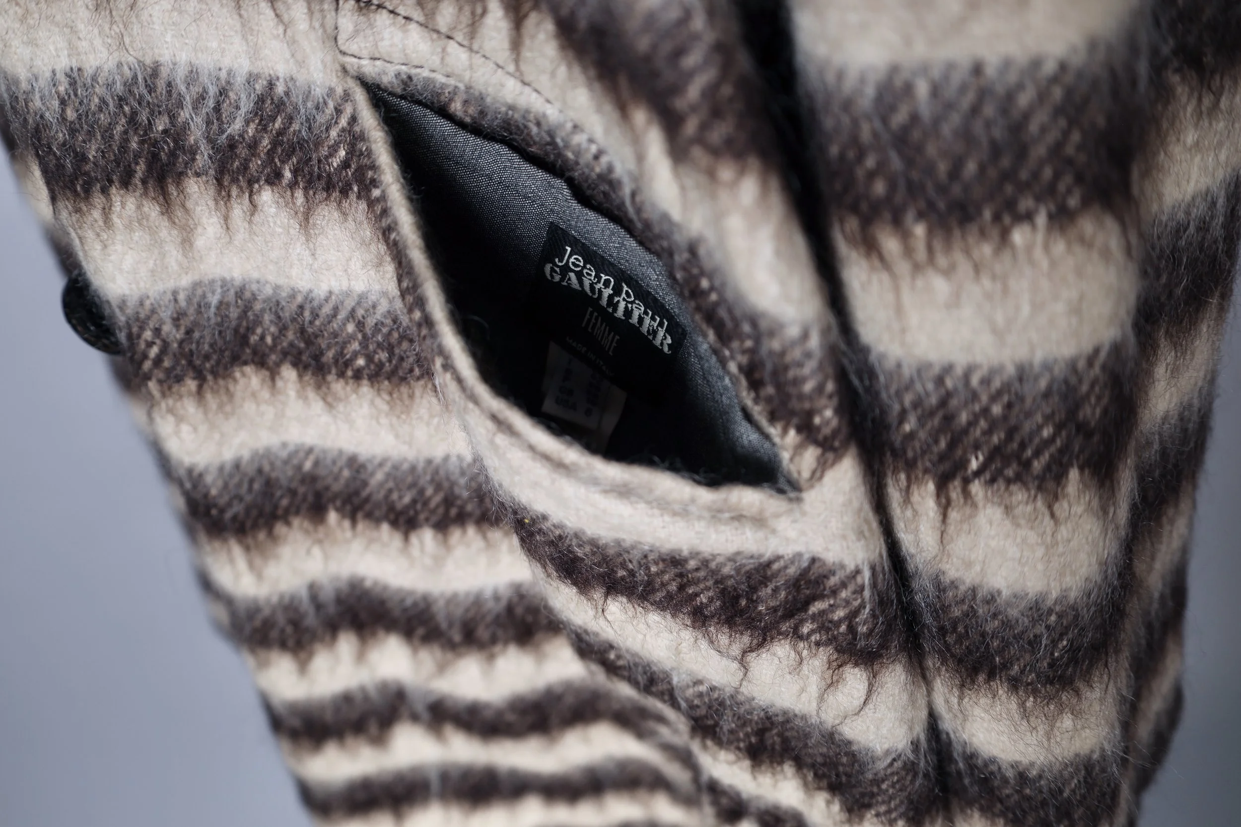 1990s Jean Paul Gaultier Femme reversible striped mohair trench coat label tag