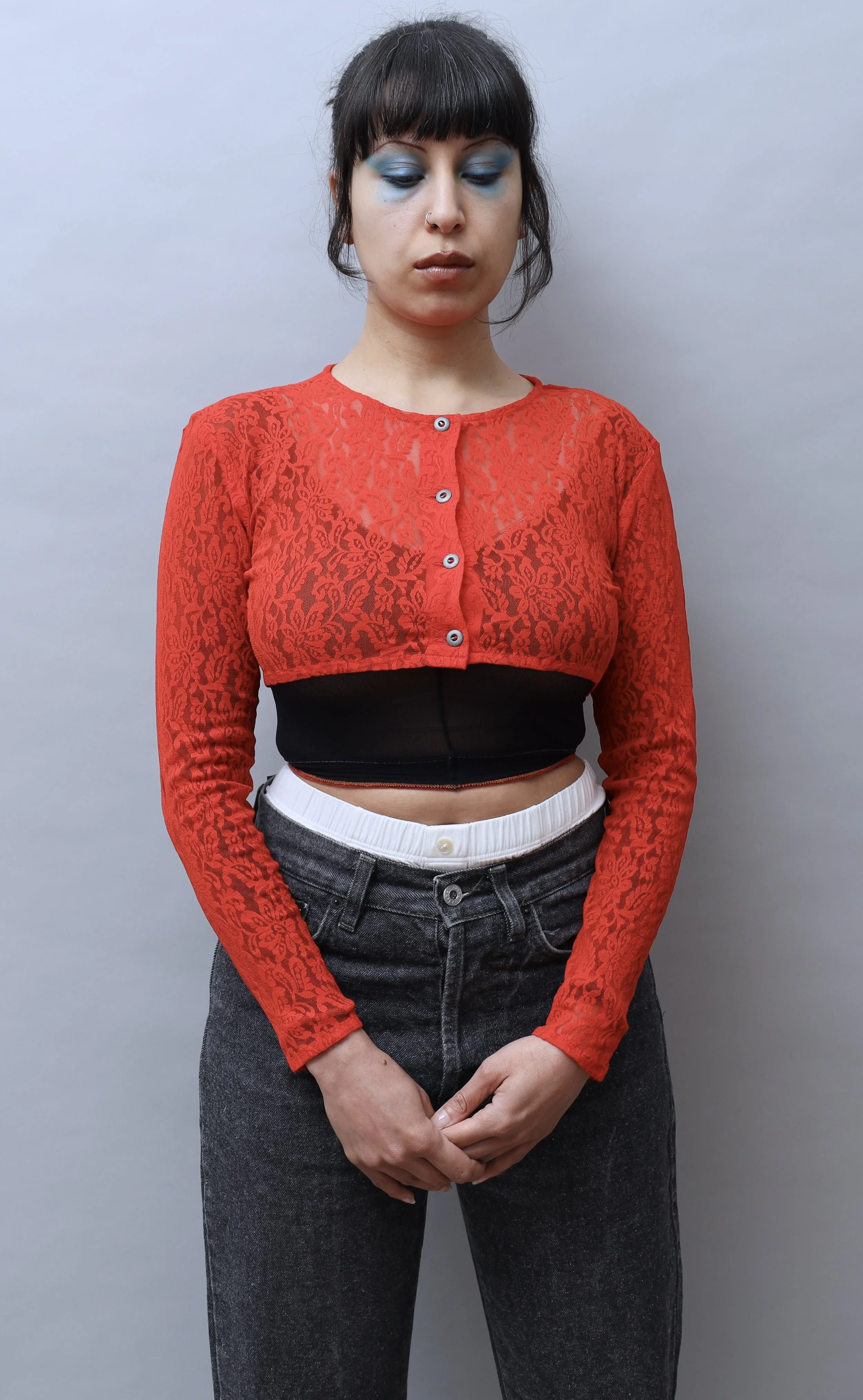 S/S 1985 Jean Paul Gaultier bright red lace cropped cardigan