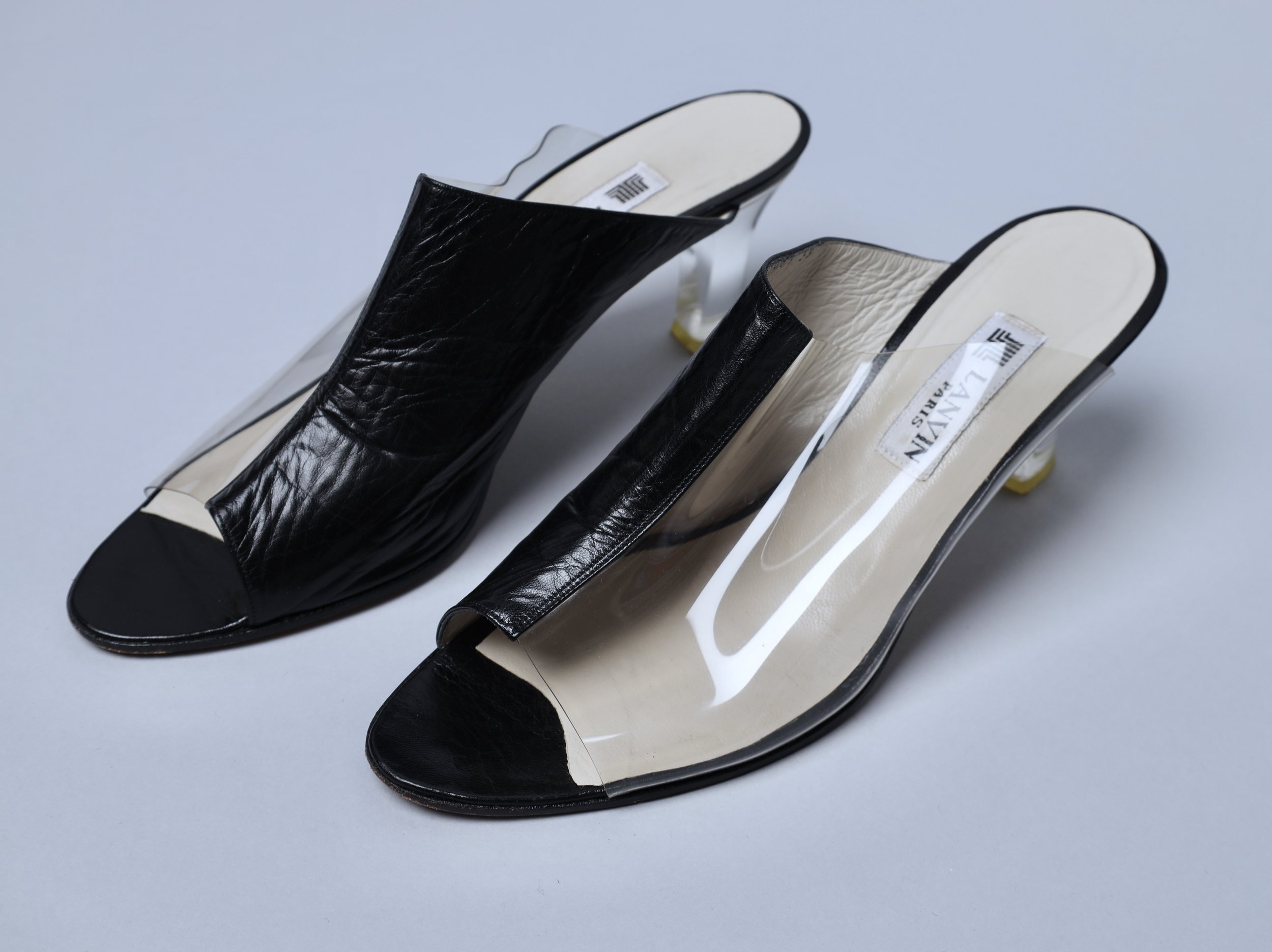 1980s Lanvin vinyl and leather lucite heel slip on sandals