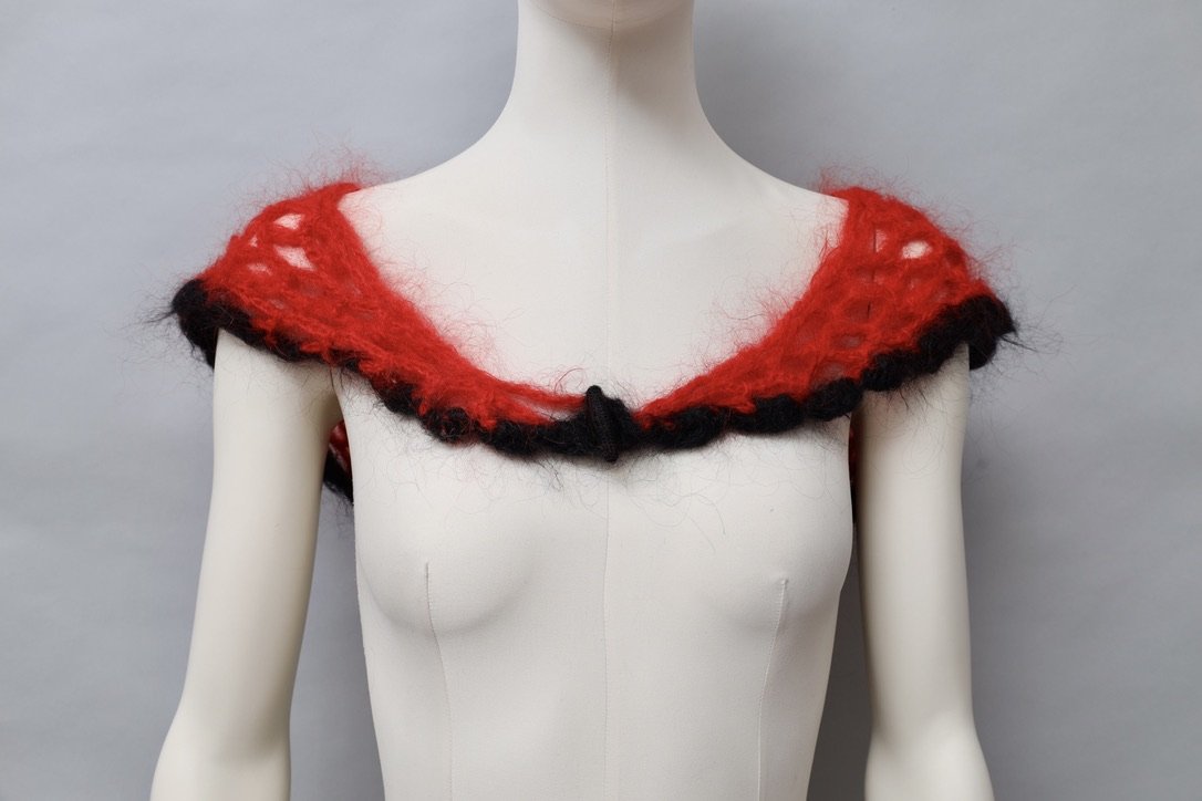 Vintage French red and black loose knit mohair shawl