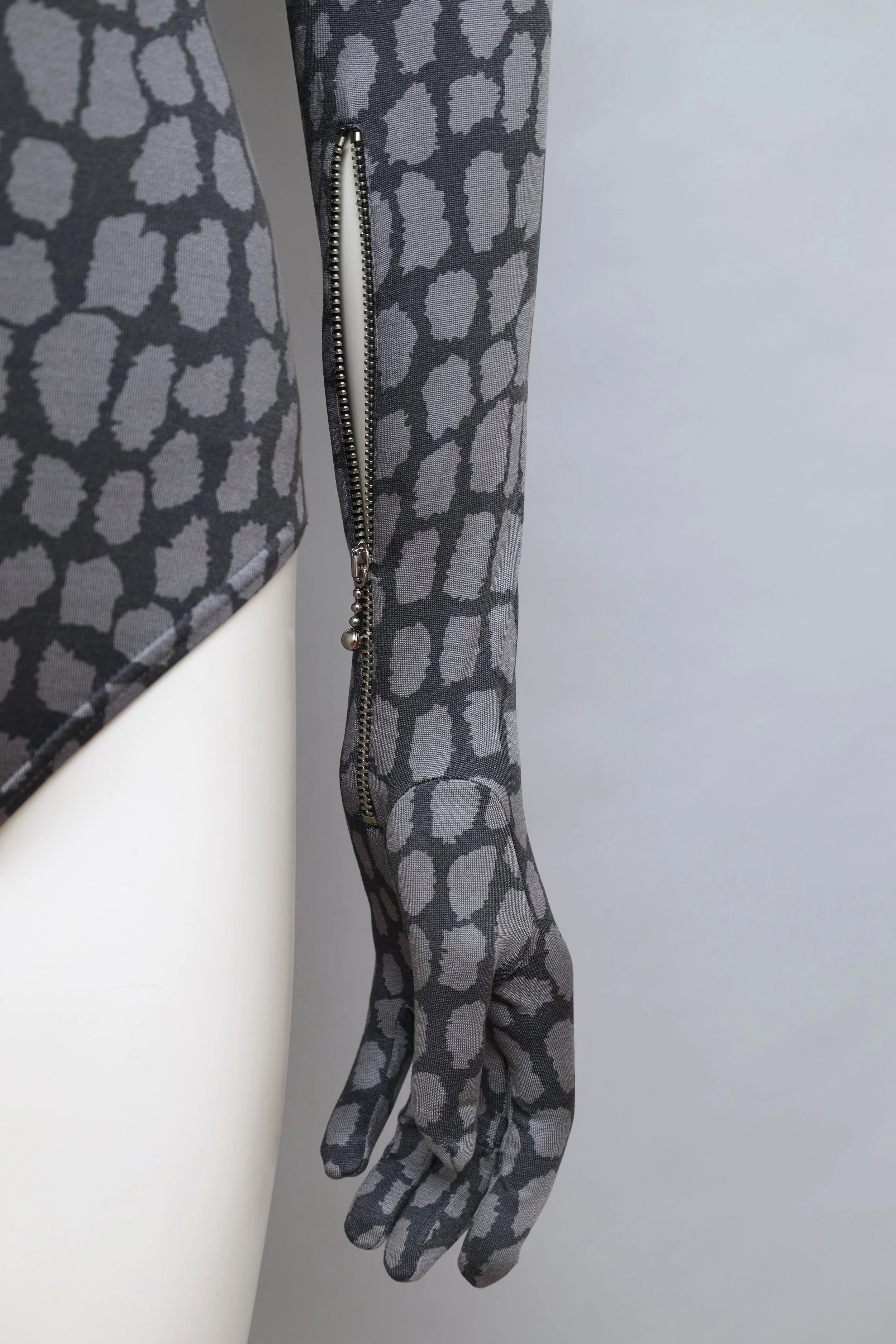 F/W 1992 Chantal Thomass gray crocodile print zip hooded bodysuit glove