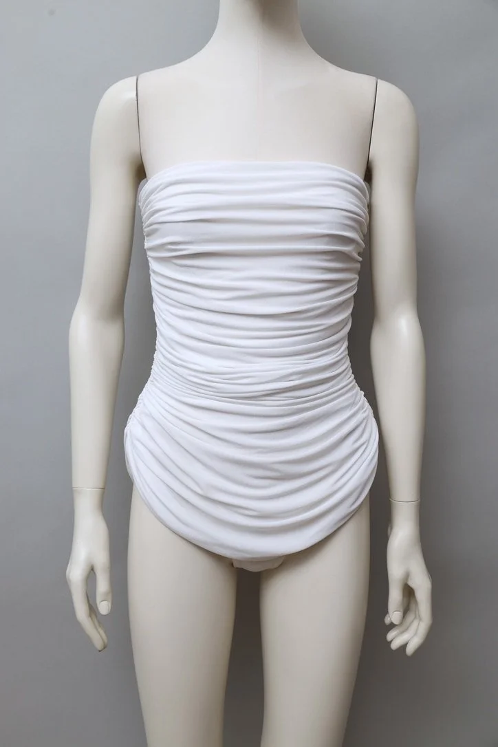 1980s Norma Kamali ruched white cascade bodysuit