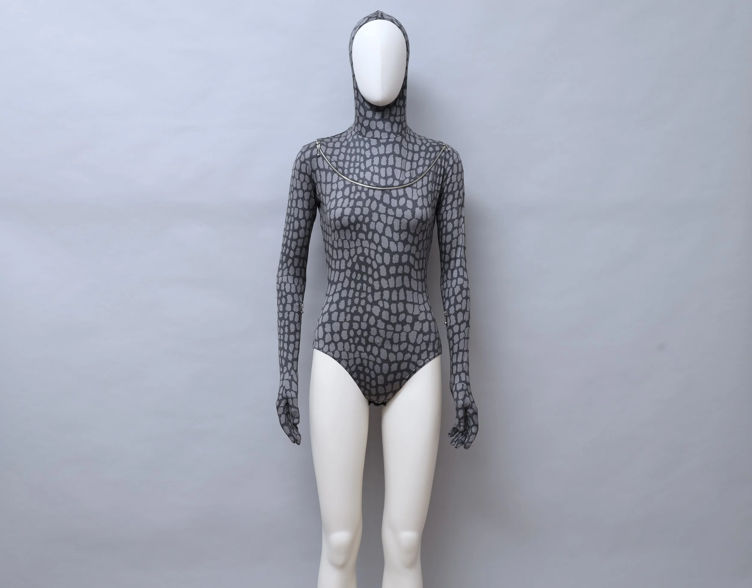 F/W 1992 Chantal Thomass gray crocodile print zip hooded bodysuit