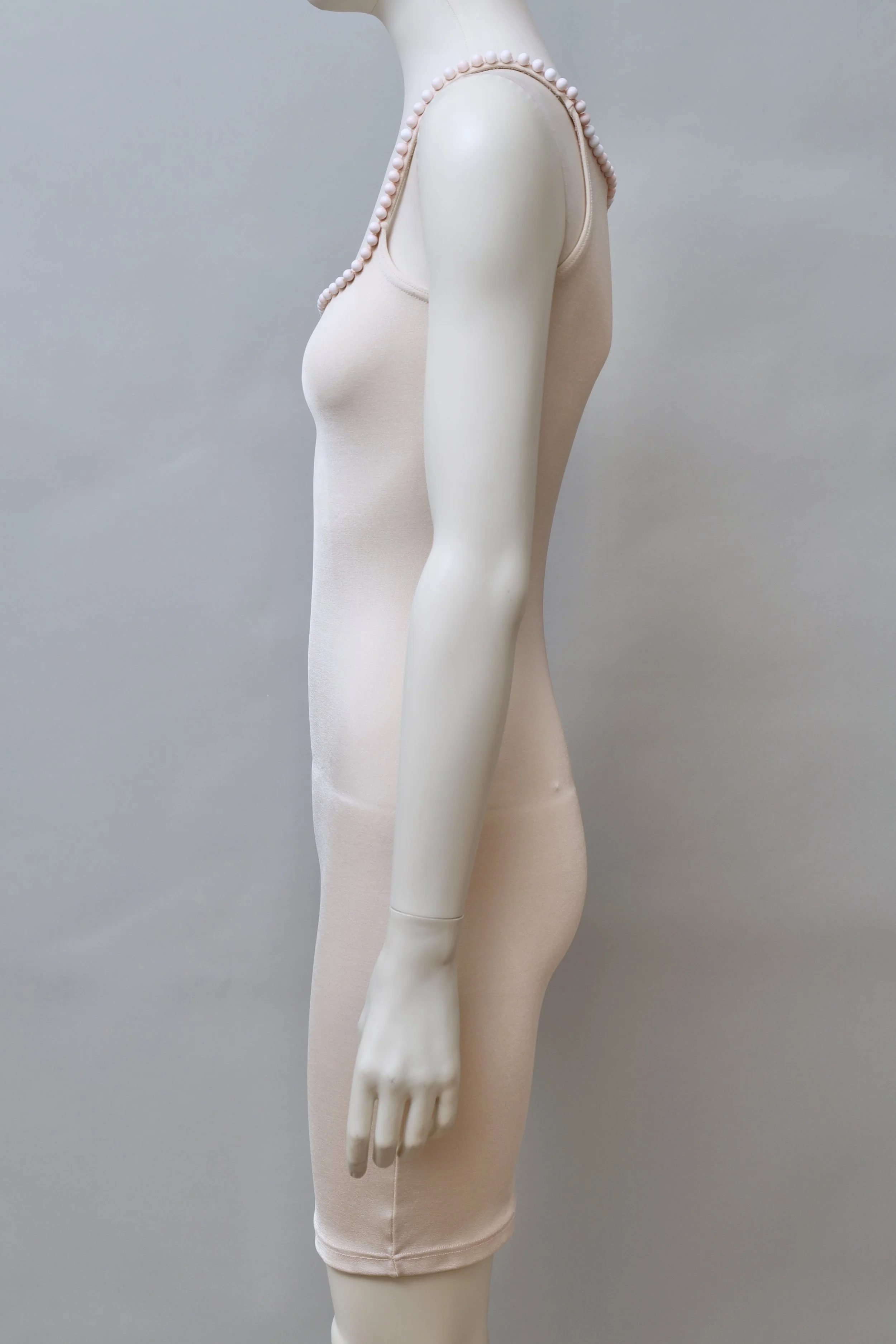 1990s Liza Bruce light peach pearl embellished stretch dress