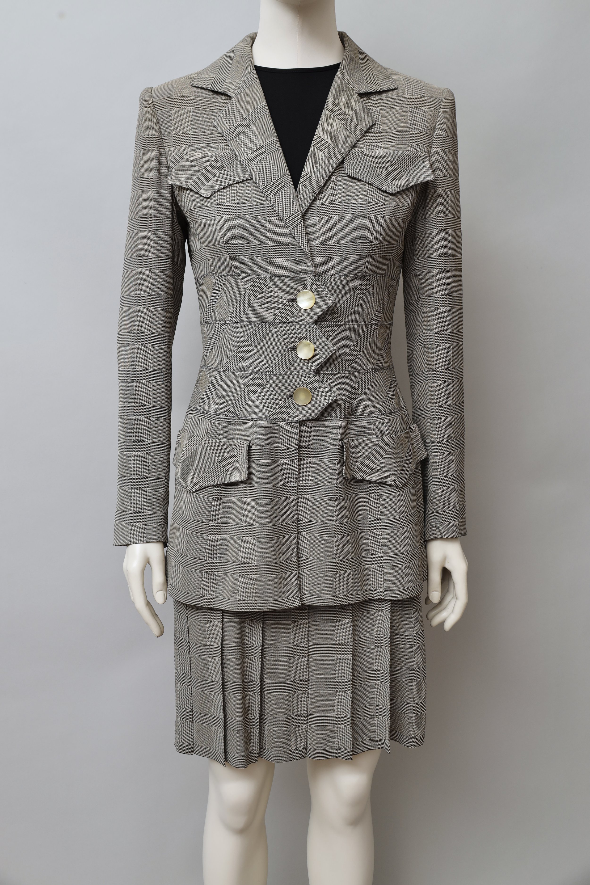 1980s Angelo Tarlazzi zig-zag plaid blazer and pleated dress ensemble