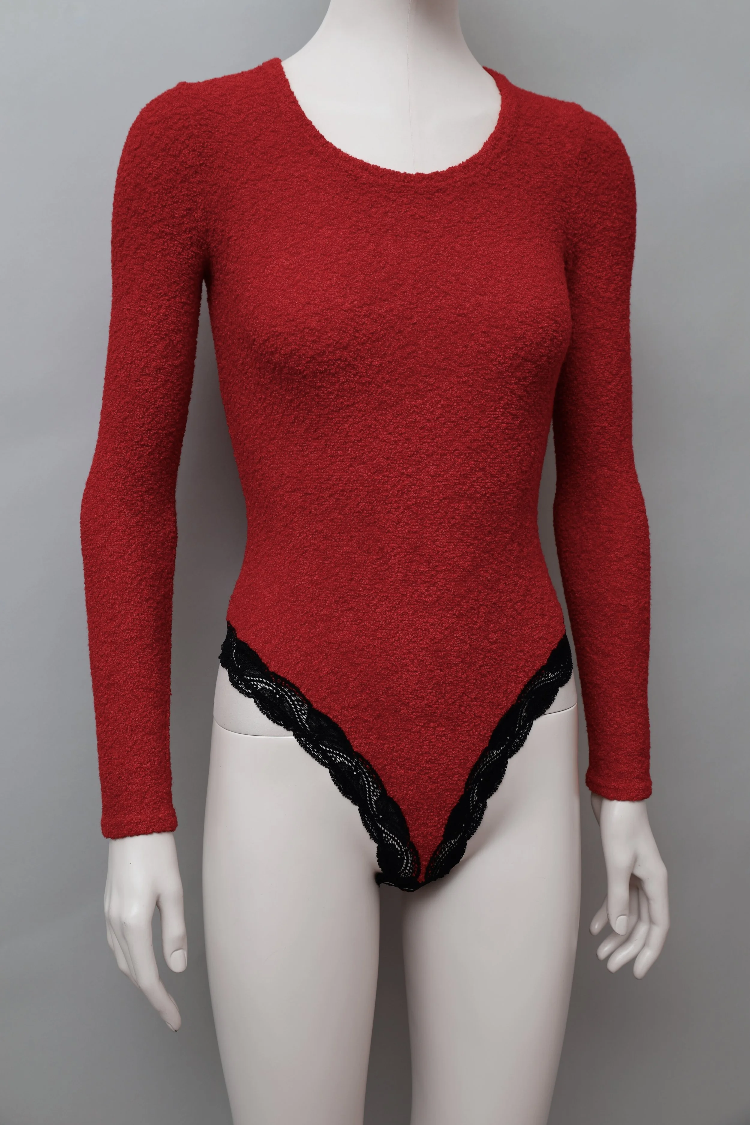 1990s Georges Rech red terry and black lace trim bodysuit
