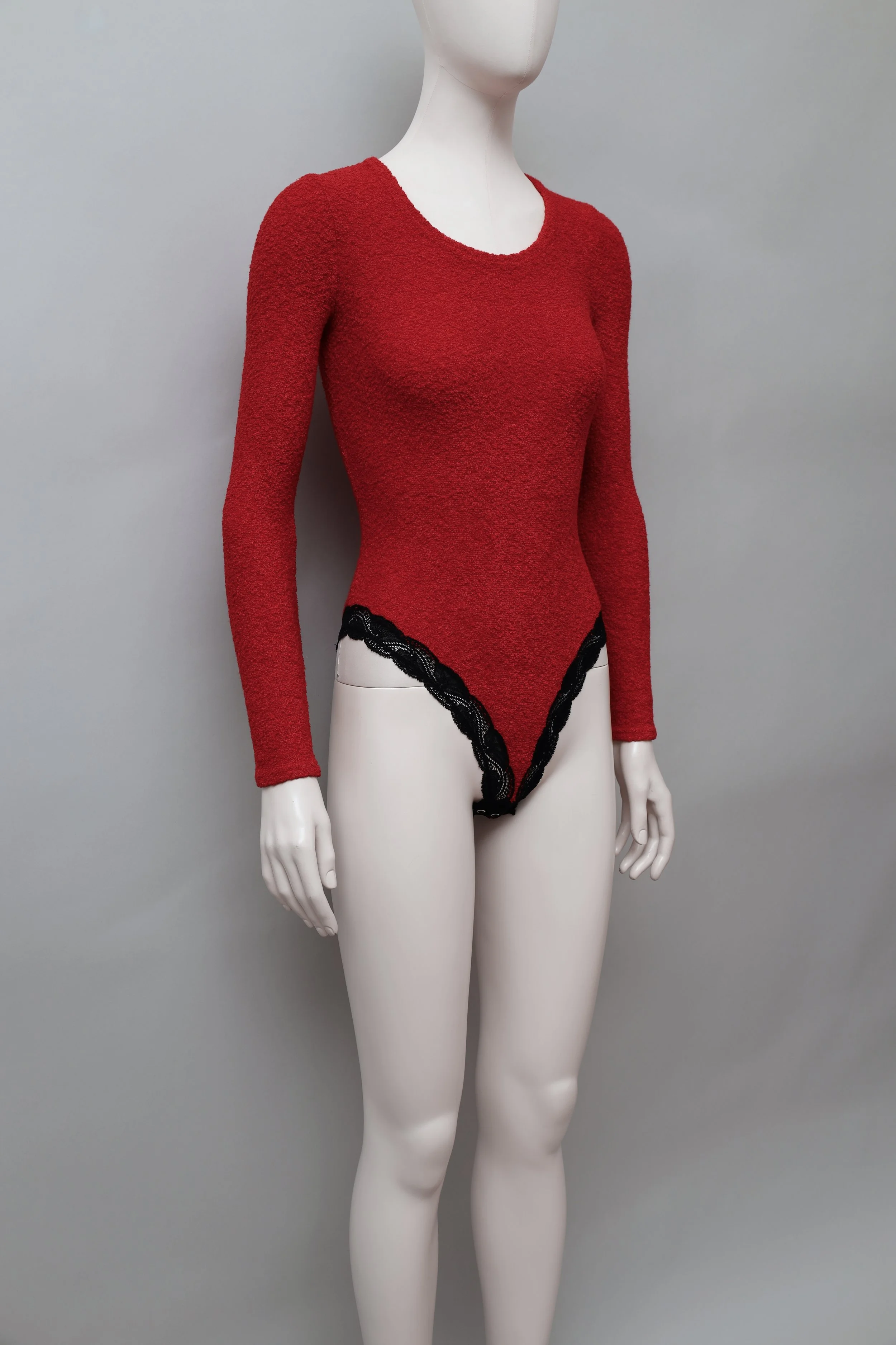 1990s Georges Rech red terry and black lace trim bodysuit