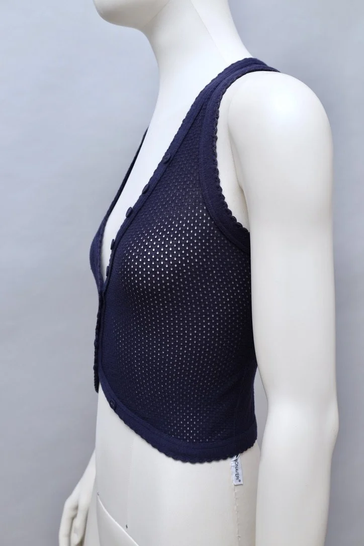 early 1970s Biba navy blue perforated cotton button up vest