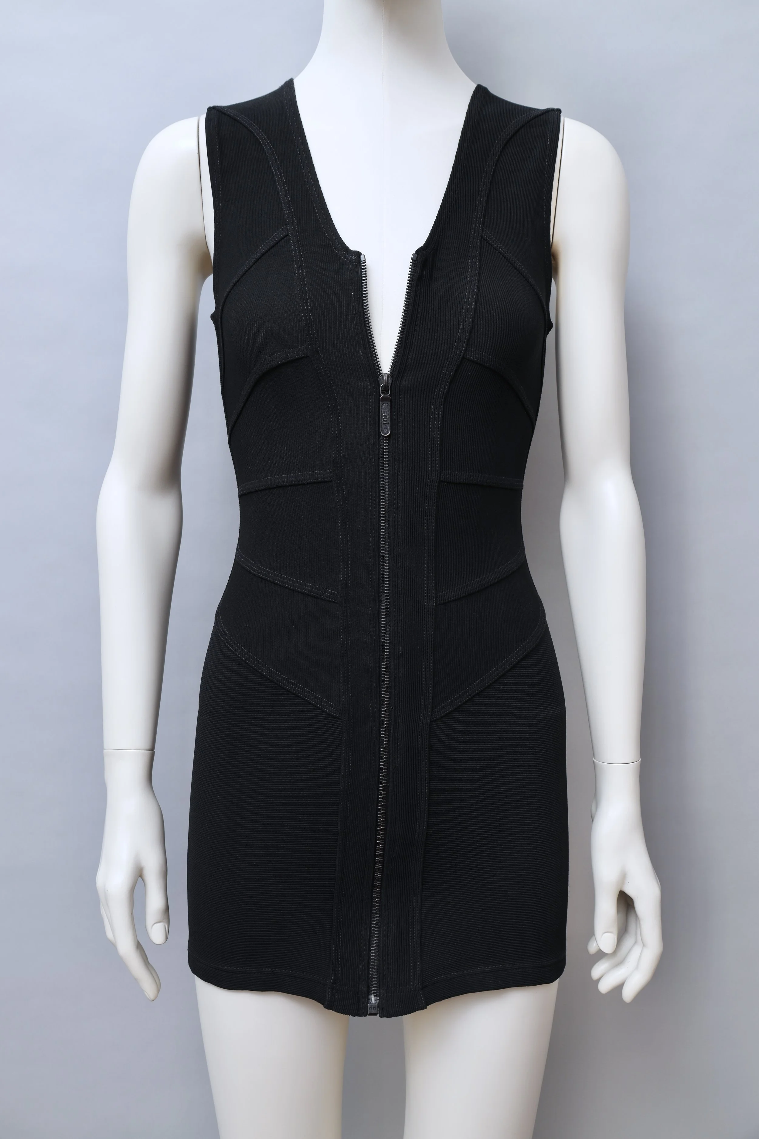 1980s Chrissie Walsh black panel stretch zip mini dress
