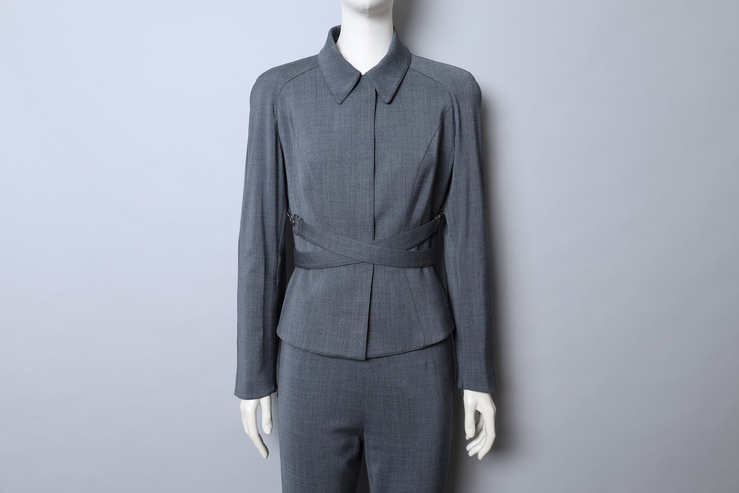 early 2000s Mugler grey belted blazer and pant suit