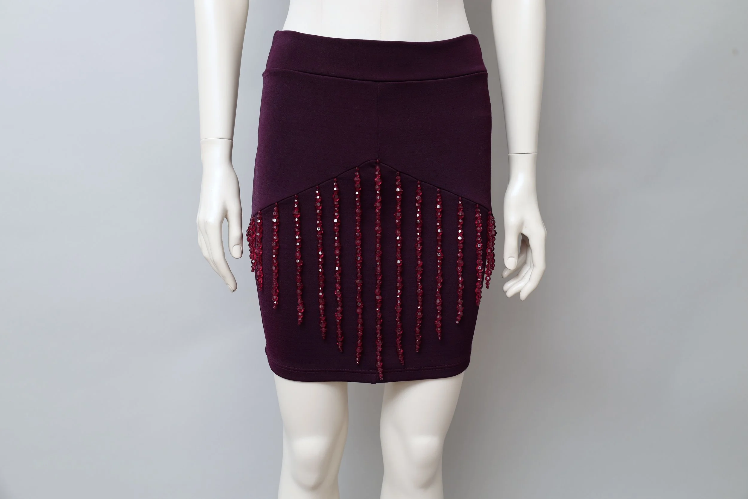 1990s Liza Bruce crystal bead fringed purple stretch mini skirt