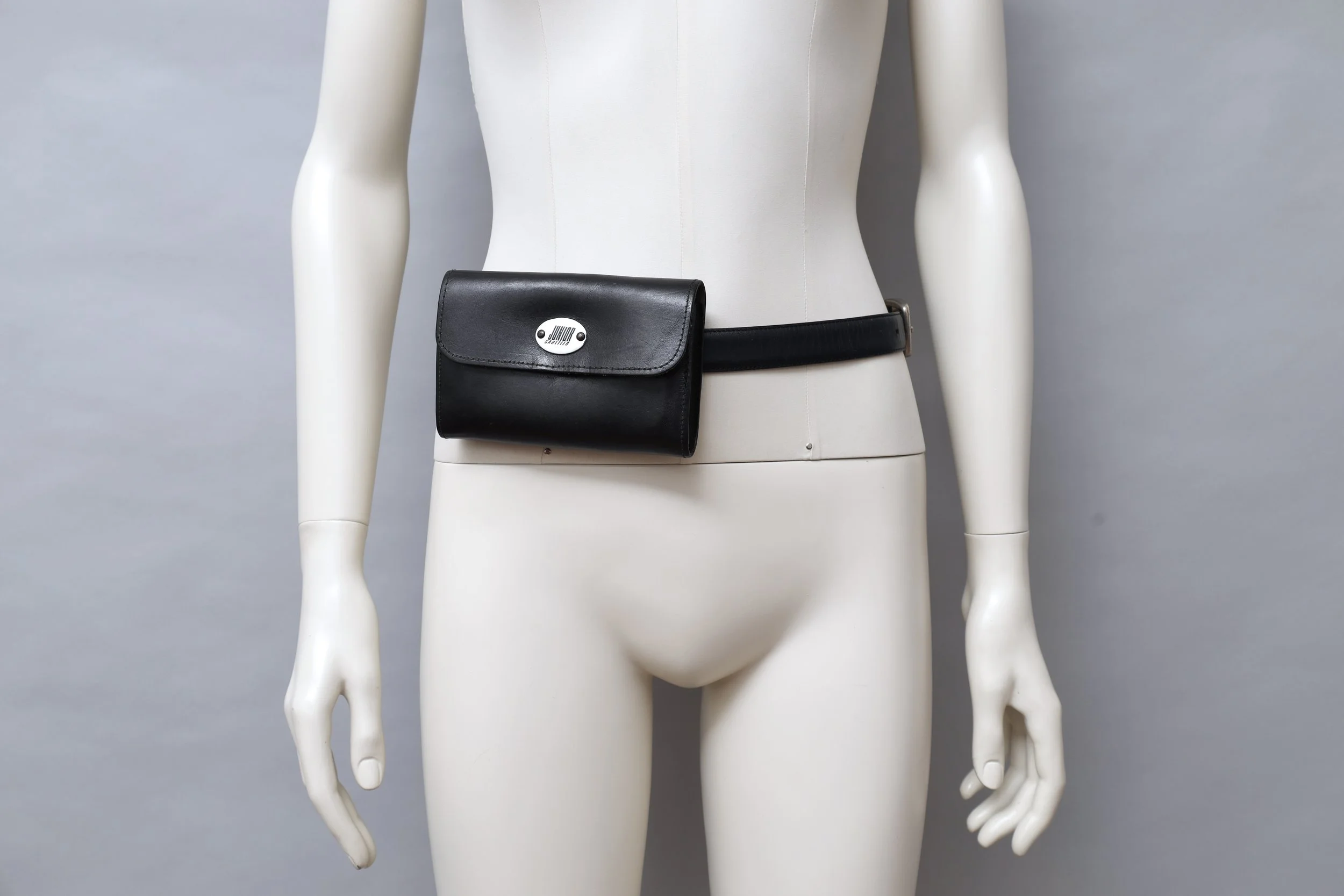 1980s Junior Gaultier enamel tag black leather belt loop wallet
