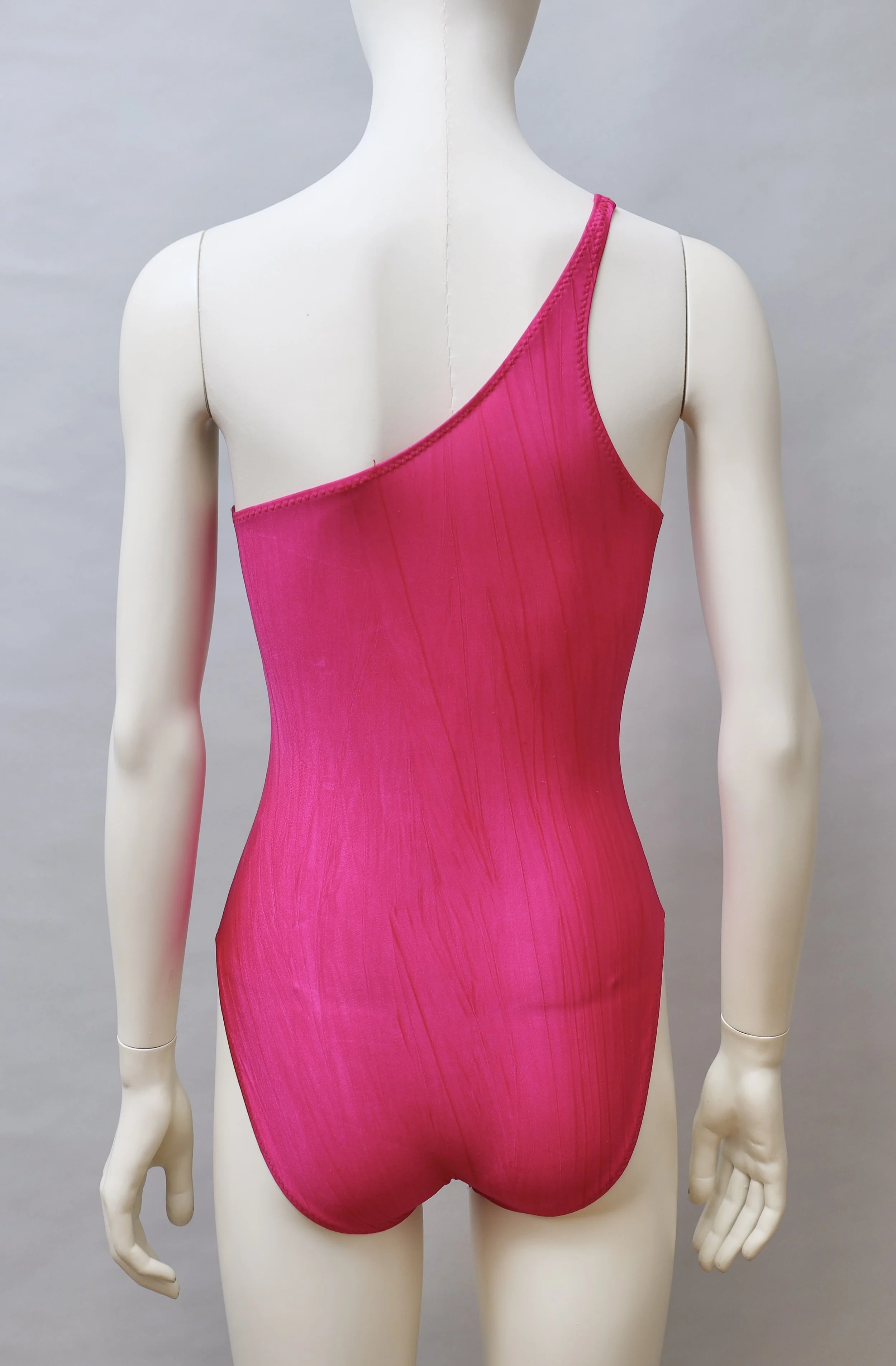 1990s OMO Norma Kamali hot pink one shoulder swimsuit