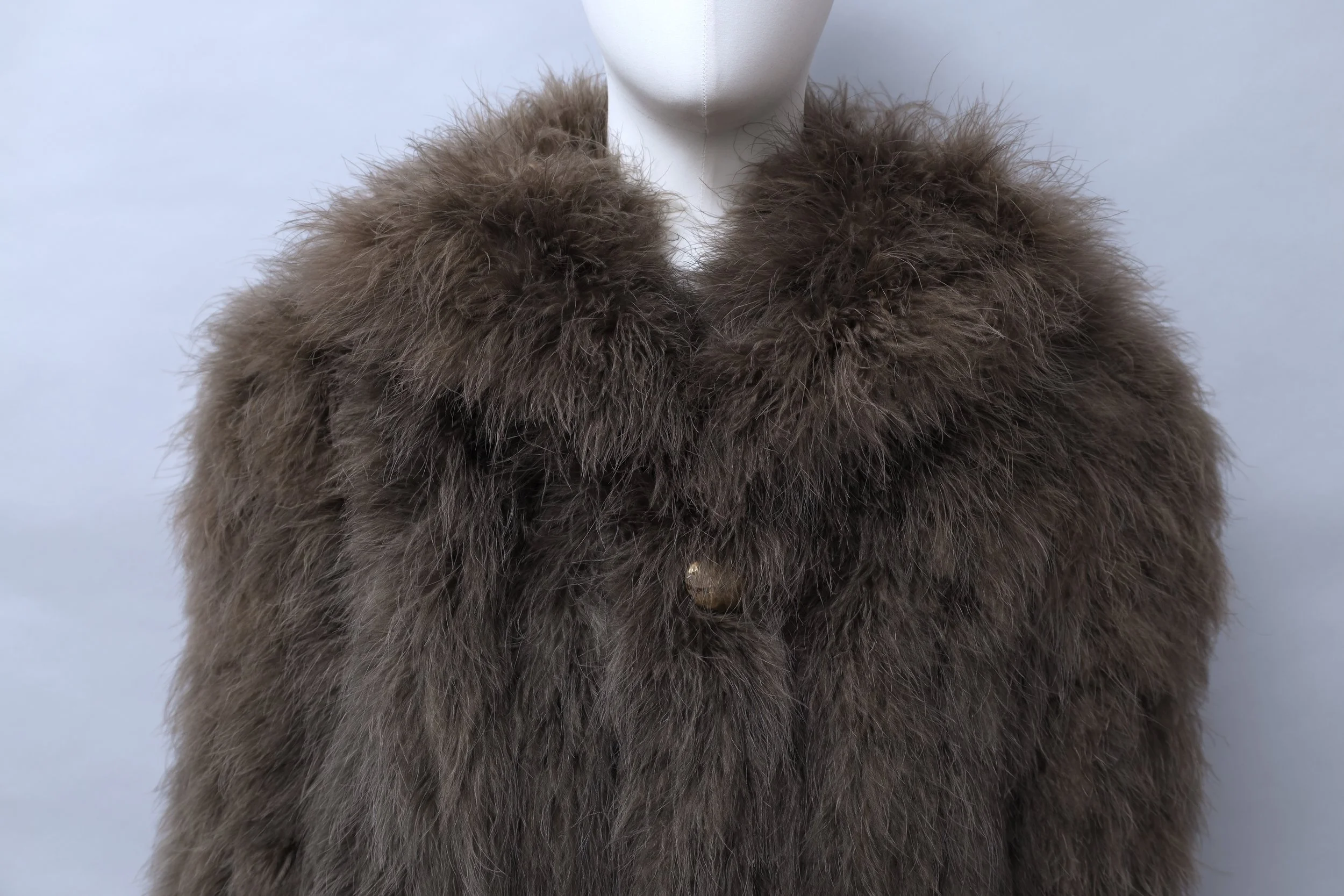 early 1980s Chantal Thomass taupe marabou feather collar and gold button