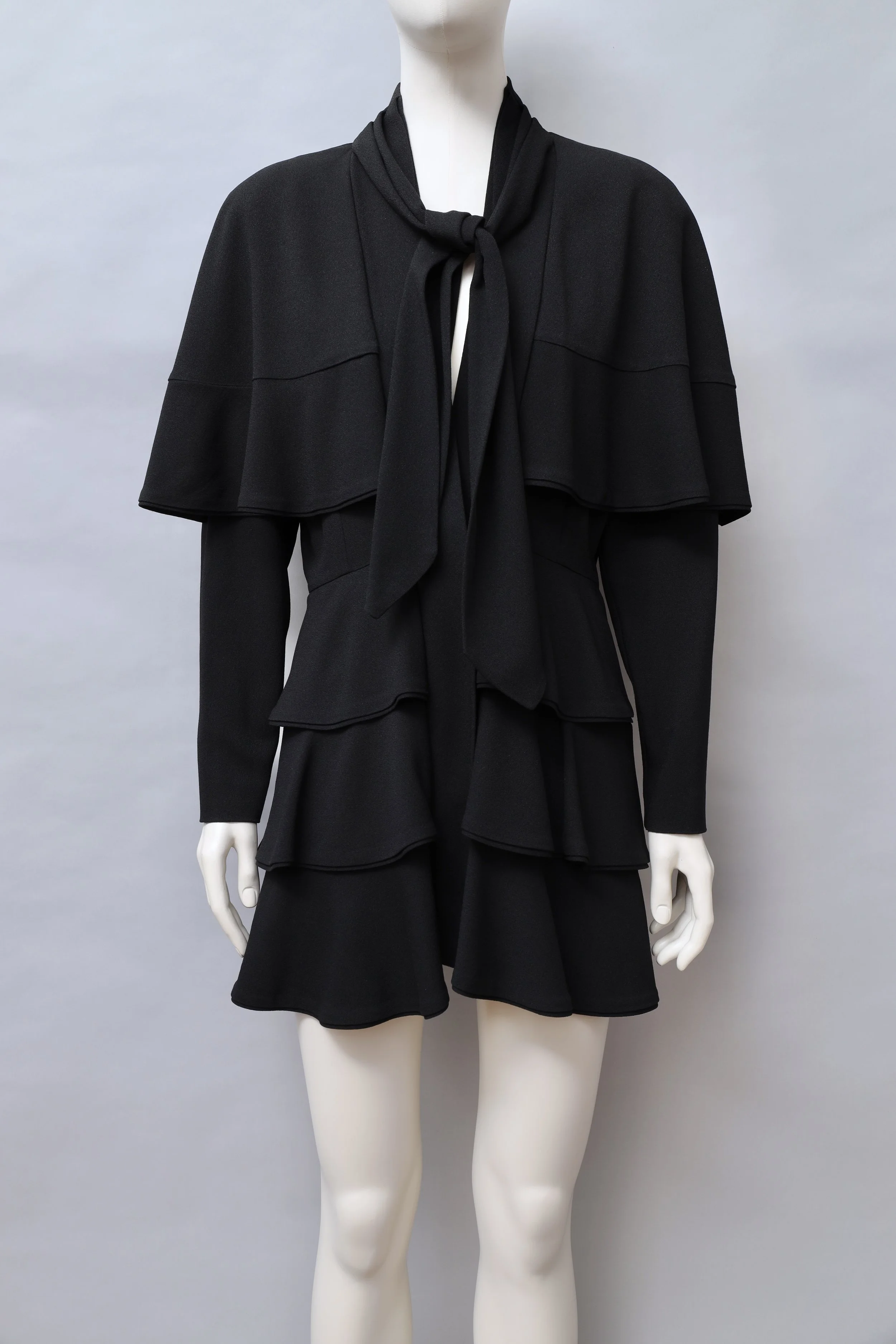 S/S 1988 Norma Kamali black tiered pussy bow over-dress