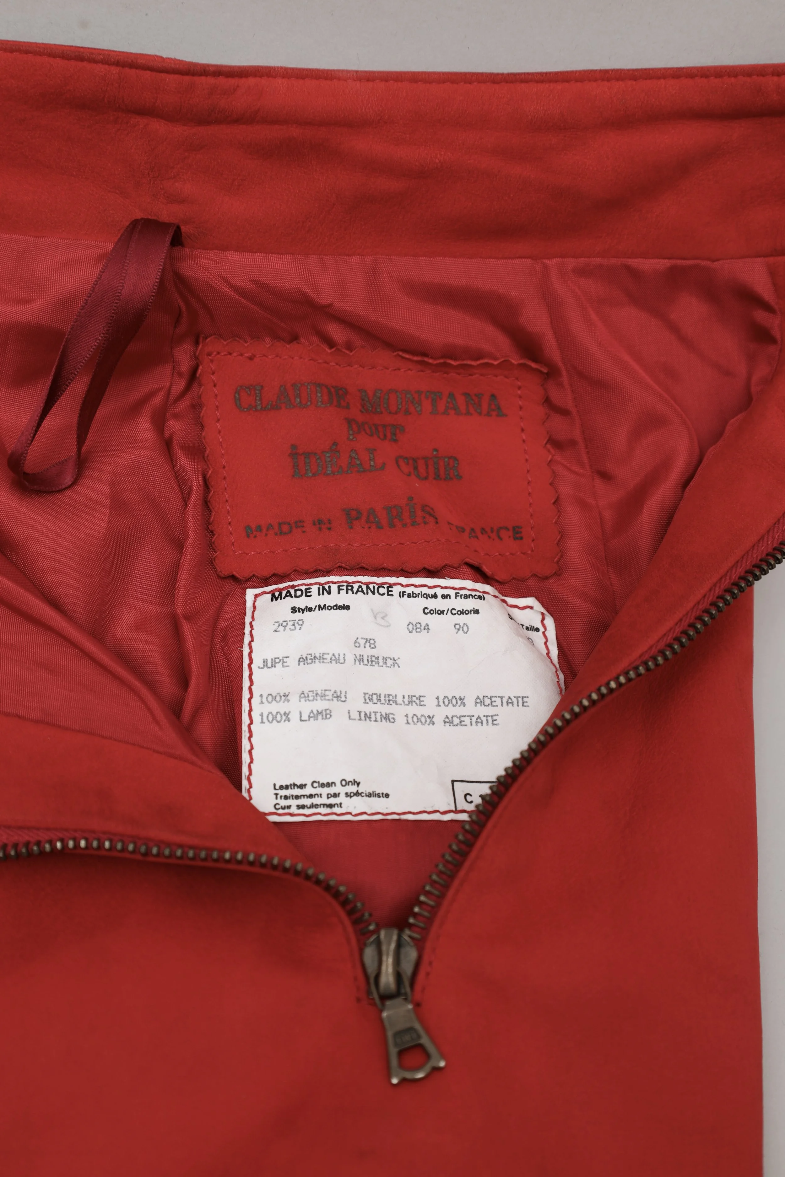 1980s Claude Montana pour Idéal Cuir red nubuck leather skirt label tag