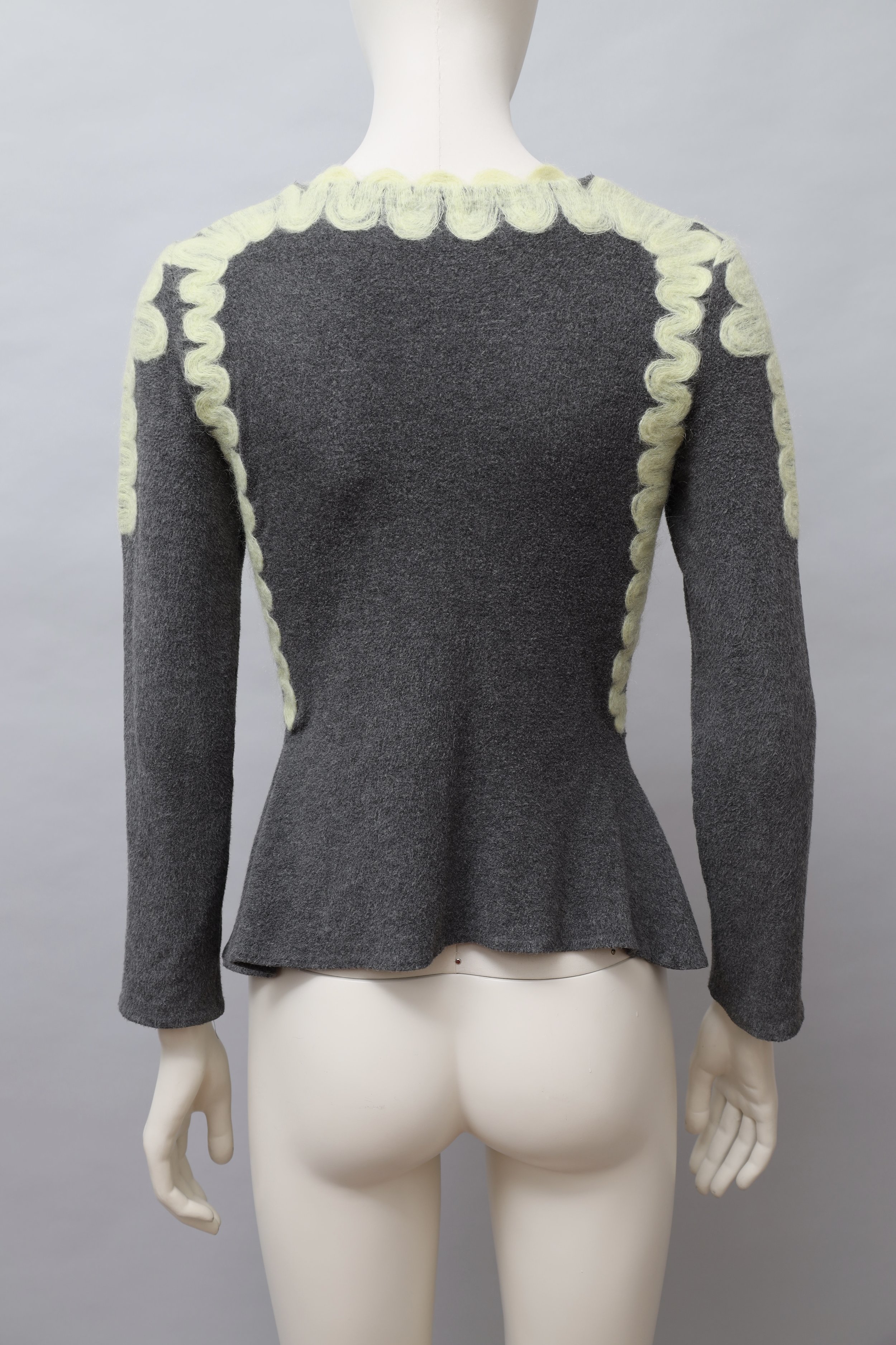 2000s Yoshiki Hishinuma gray fleece and pale yellow mohair embroidery peplum top