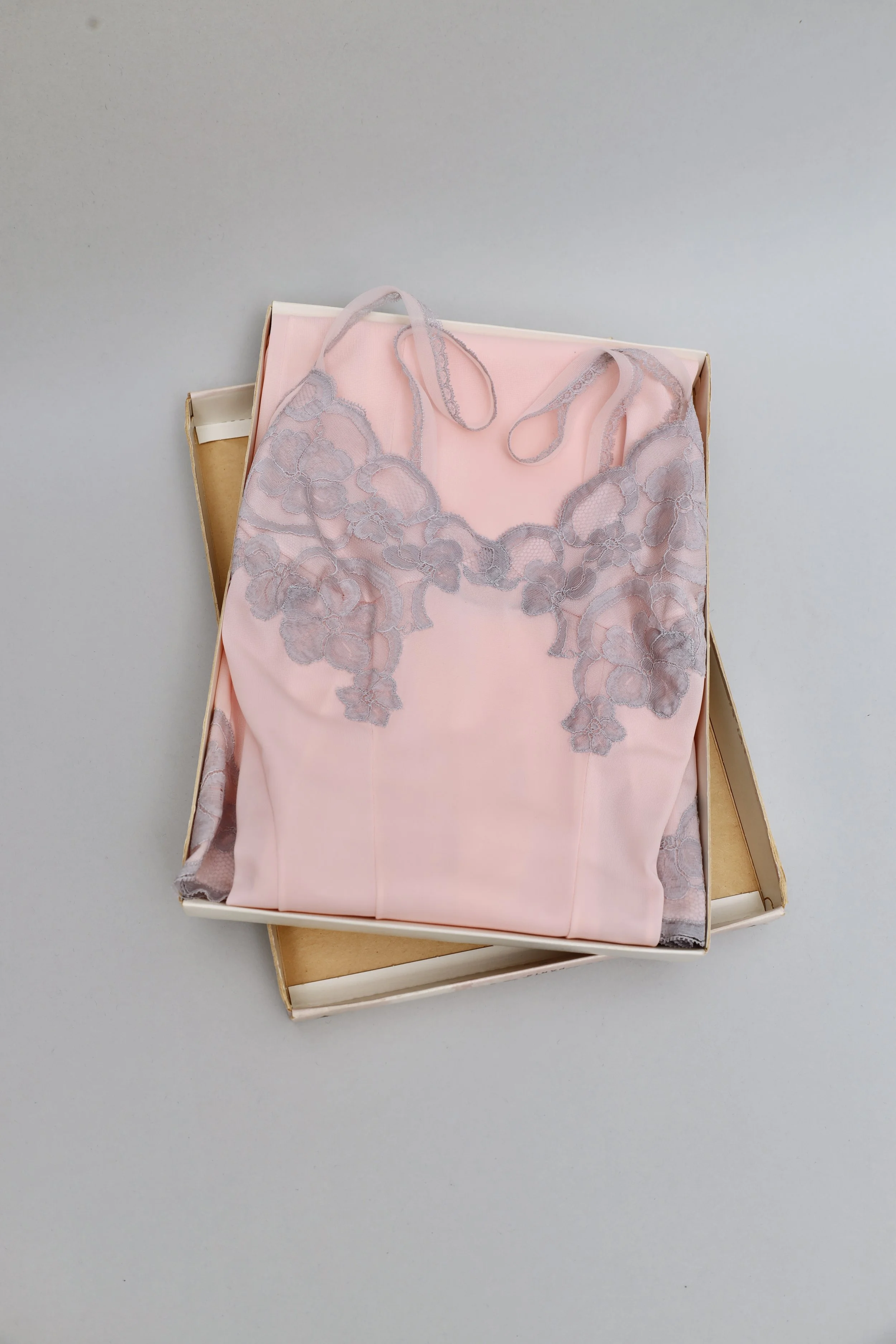 1960s deadstock Neyret Paris salmon rose nylon lace slip dress in box