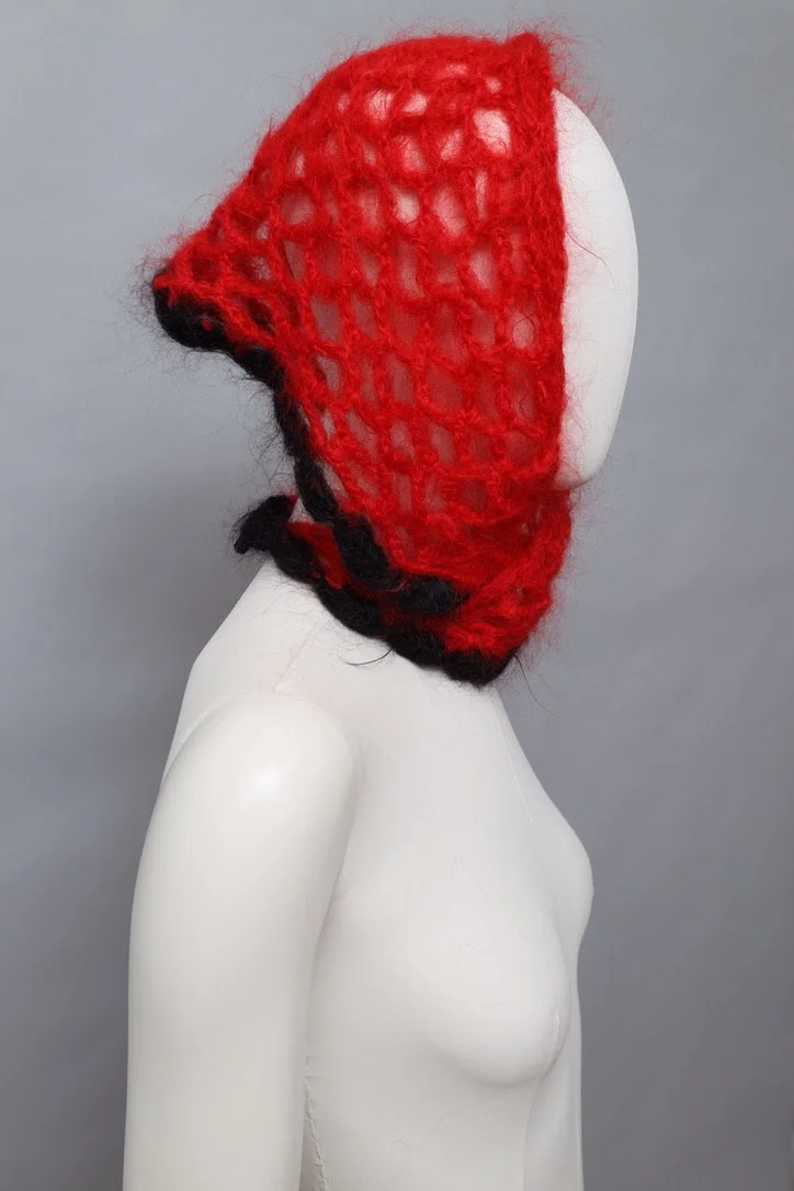 Vintage French red and black loose knit mohair headscarf