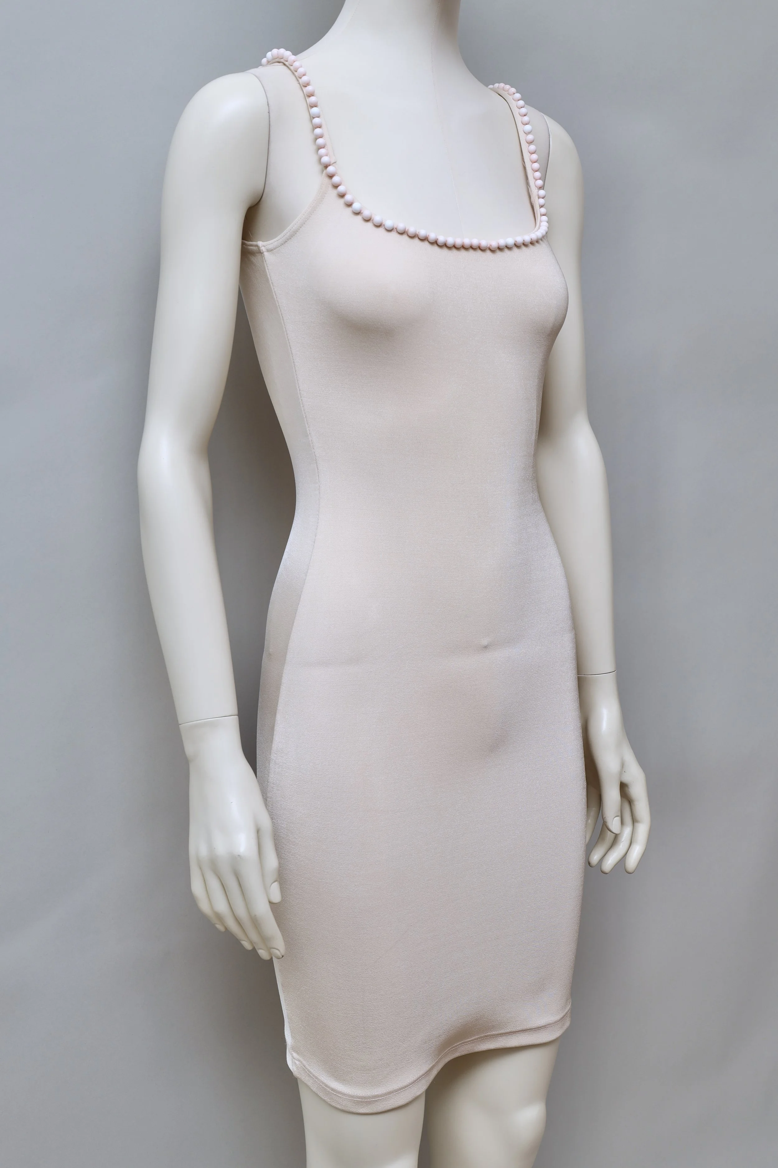 S/S 1993 Liza Bruce light peach pearl embellished stretch dress