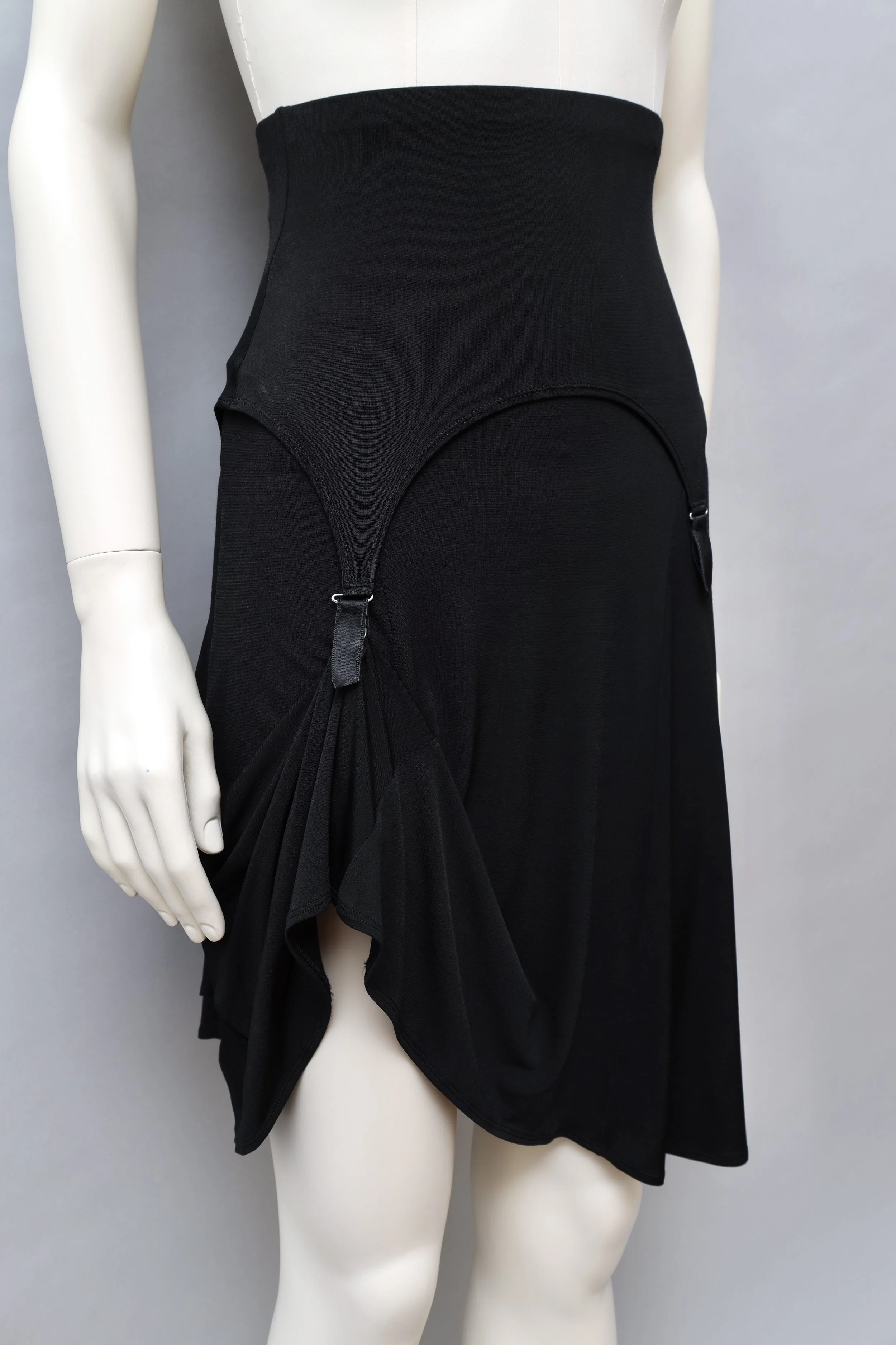 1990s Plein Sud black stretch satin ultra high waist garter skirt