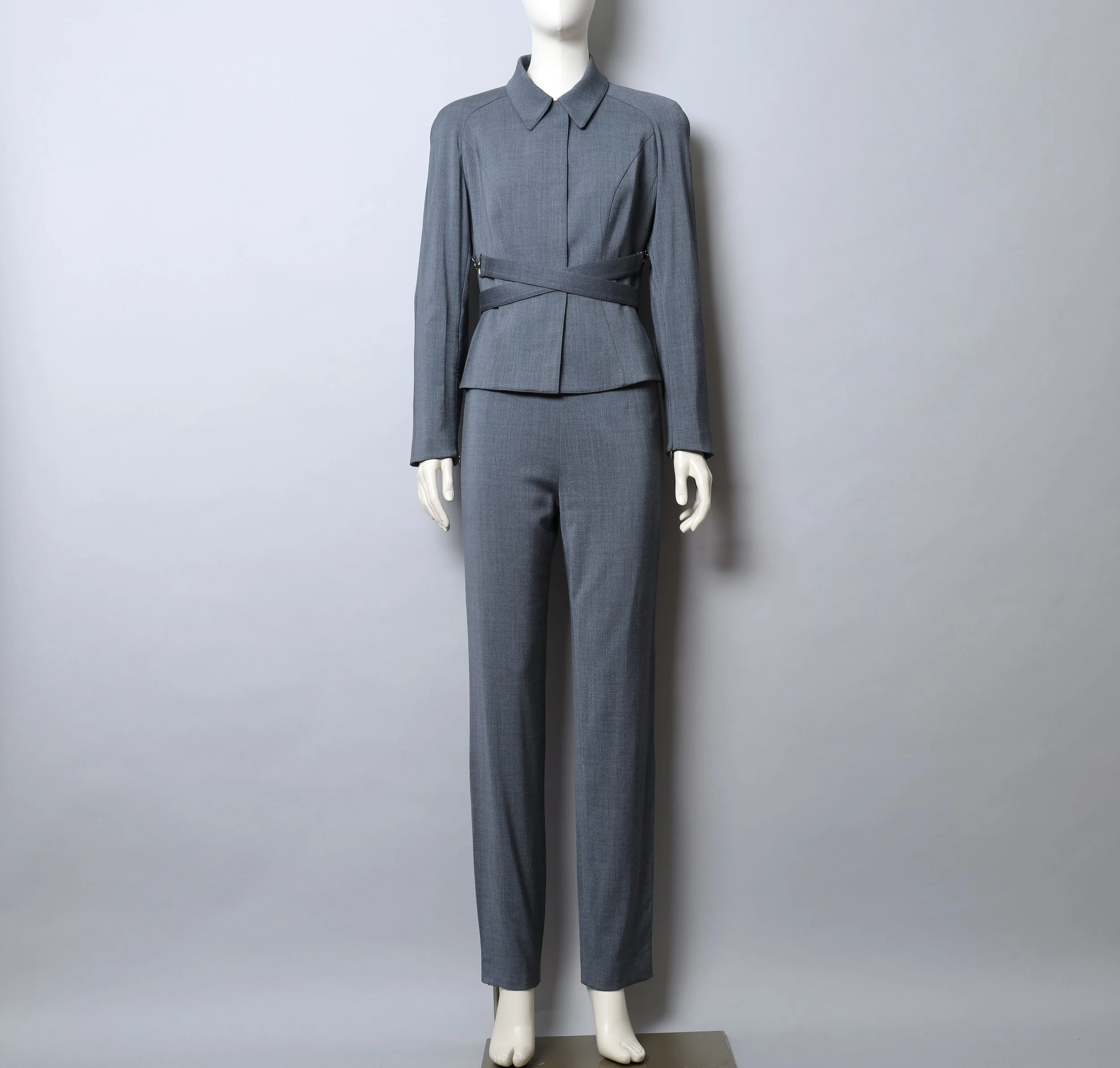early 2000s Mugler grey belted blazer and pant suit