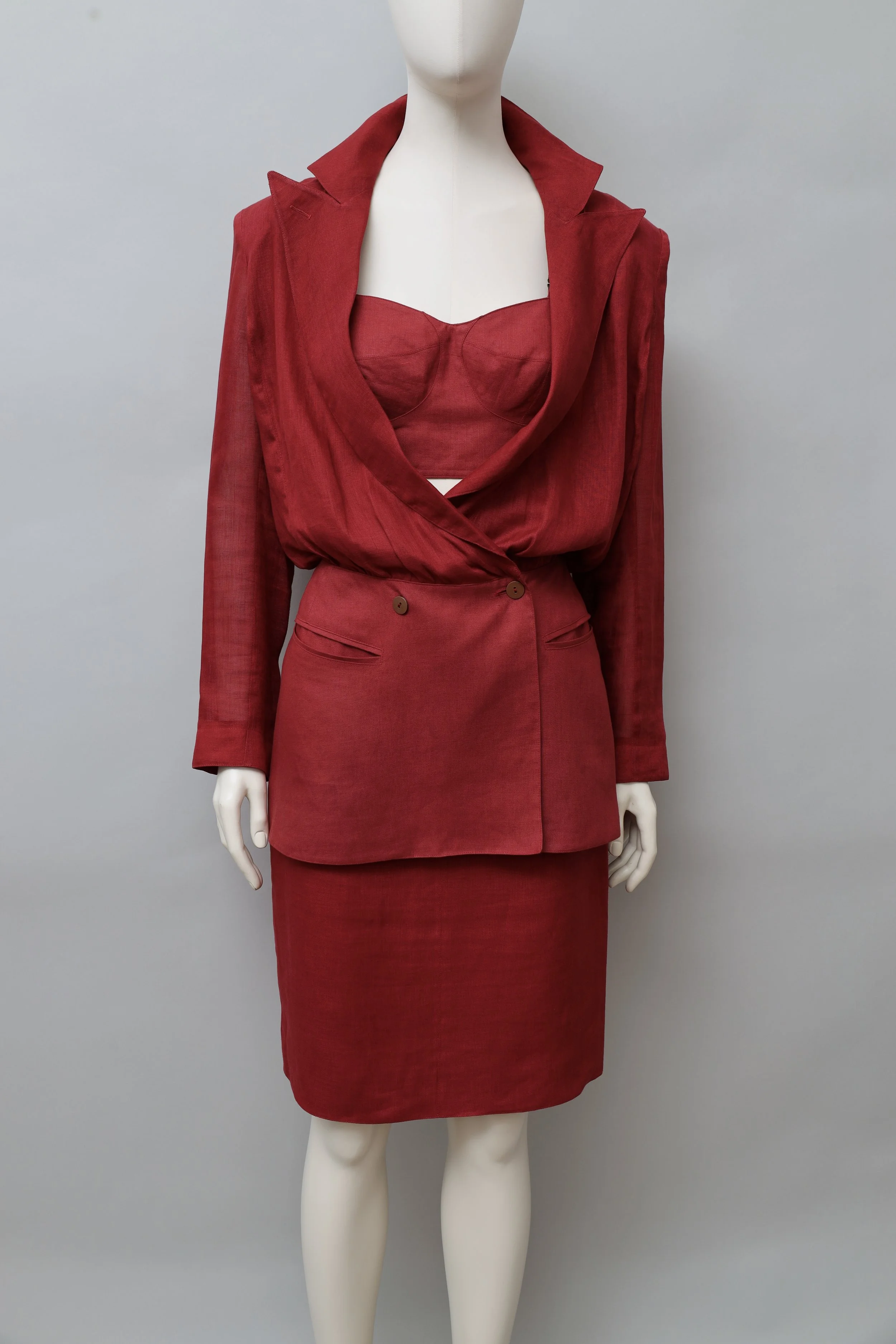 late 1980s / early 1990s Claude Montana crimson red linen ensemble