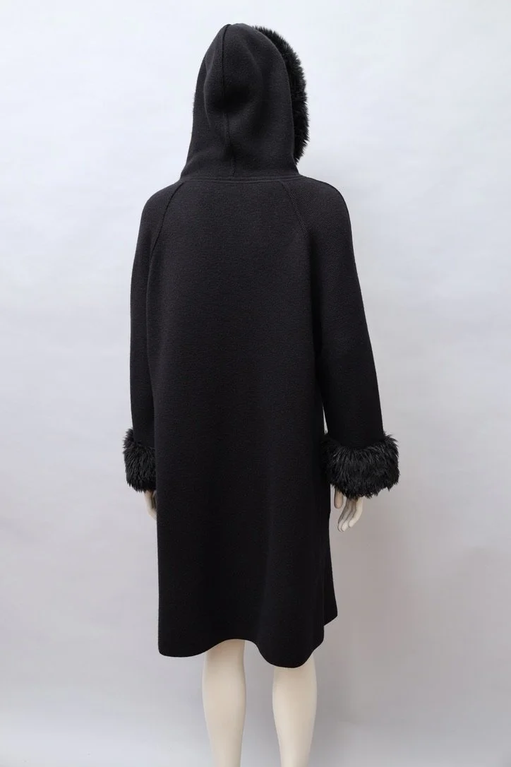 1980s Arlette Nastat black wool blend hooded coat with faux fur trim