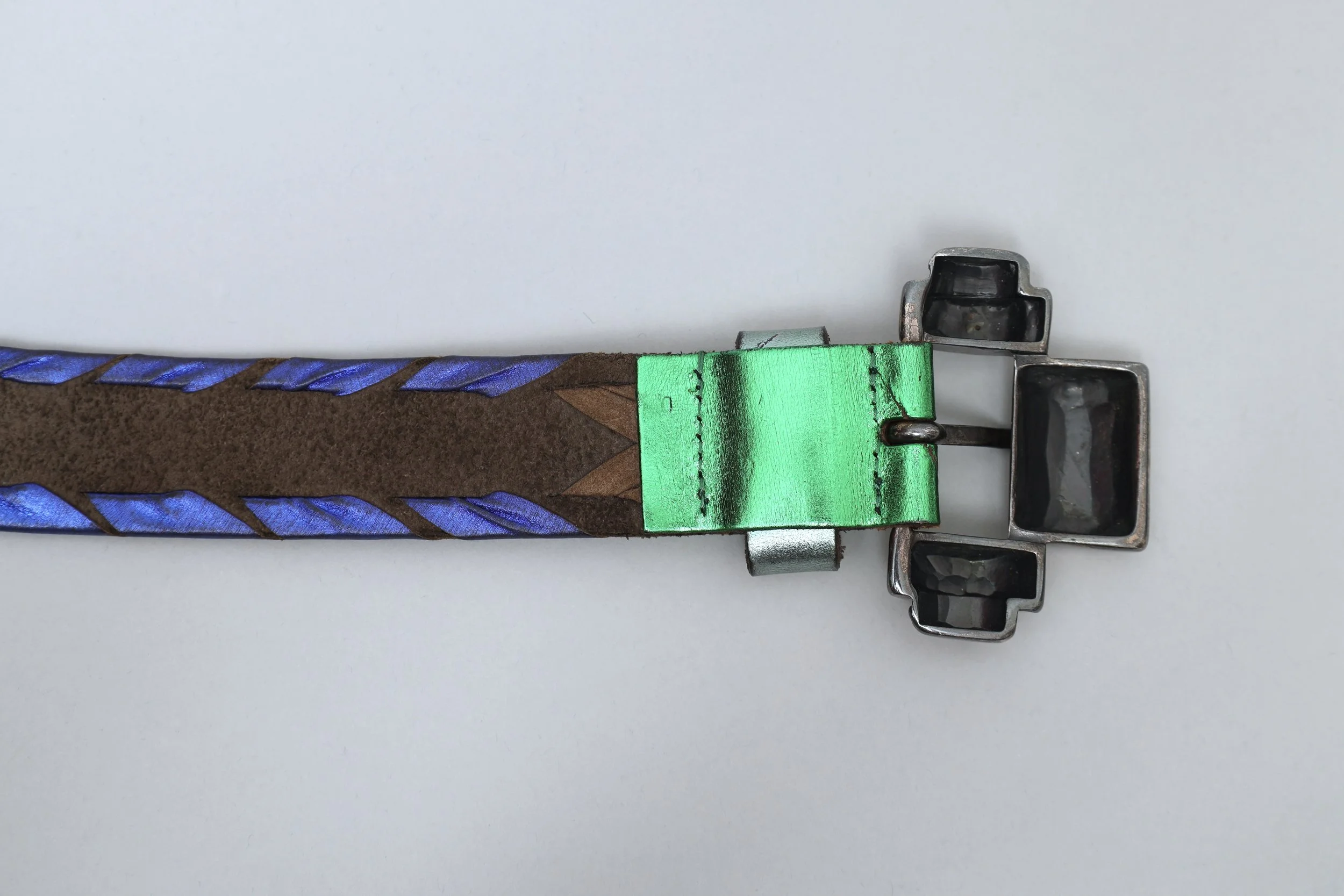 1990s Rifat Ozbek art deco metallic leather belt buckle back