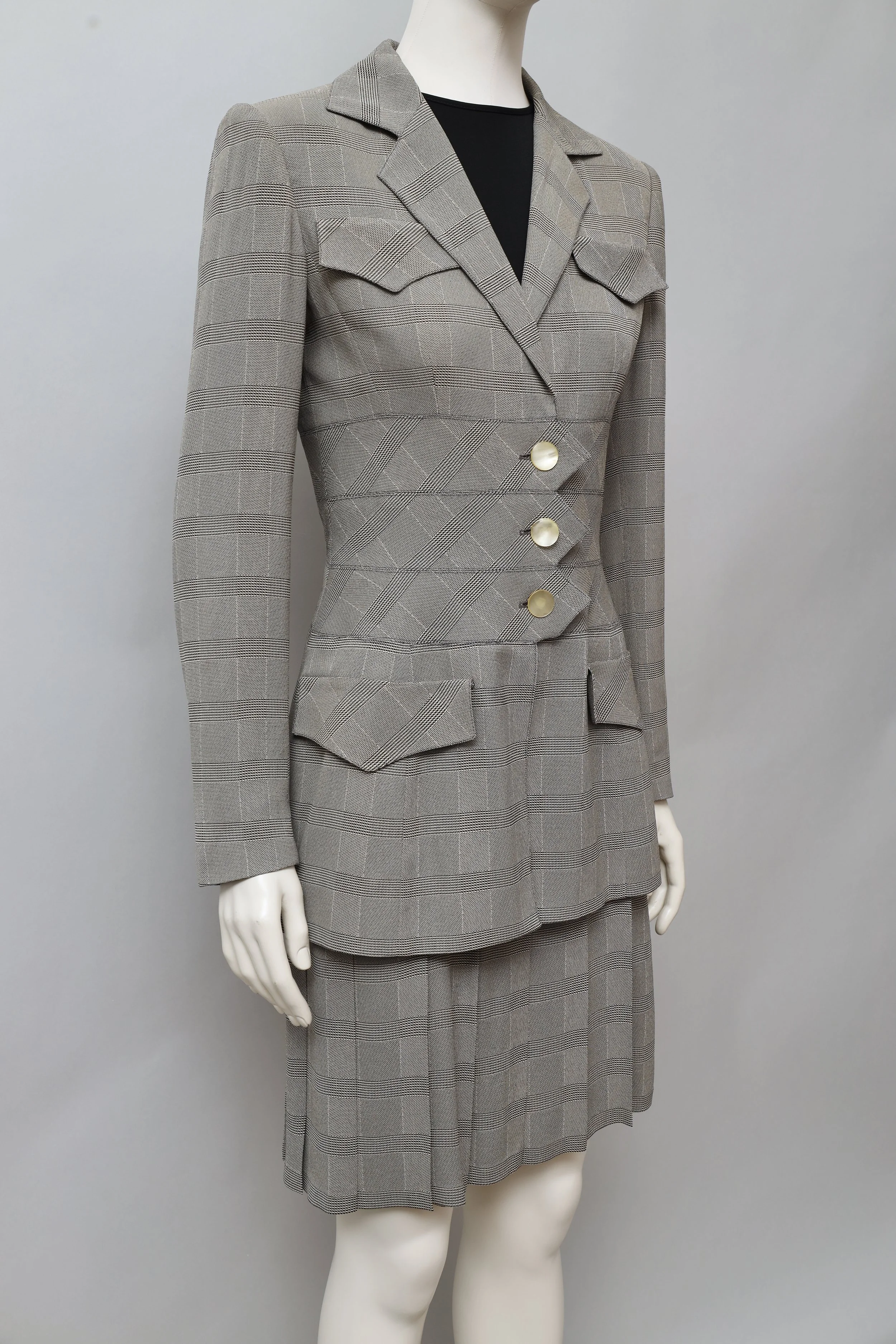 1980s Angelo Tarlazzi zig-zag plaid blazer and pleated dress ensemble