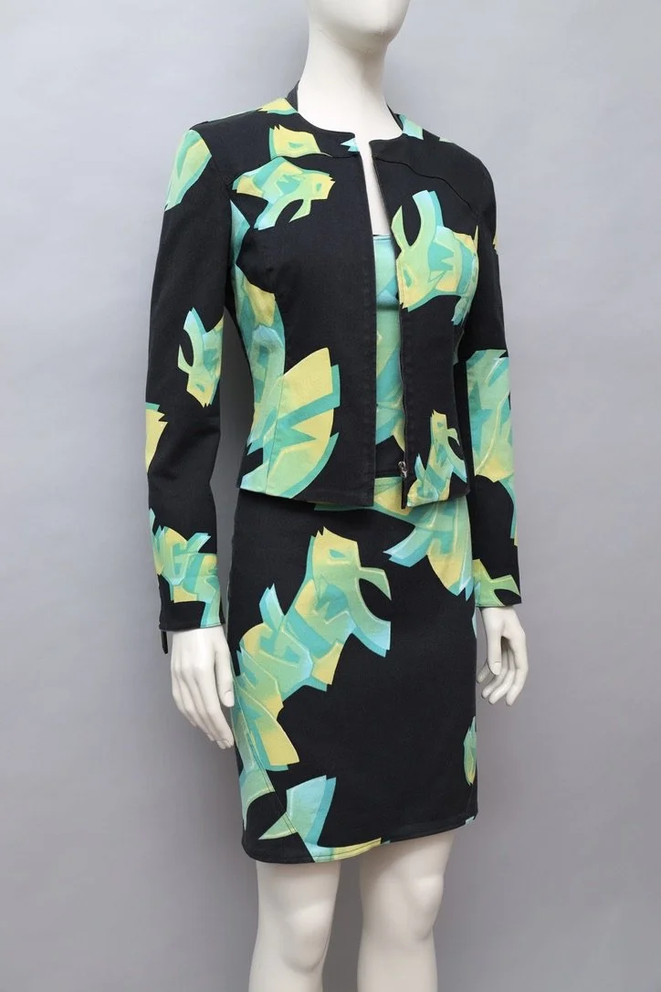 late 2000s Mugler green 2D graffiti print halterneck dress and jacket set