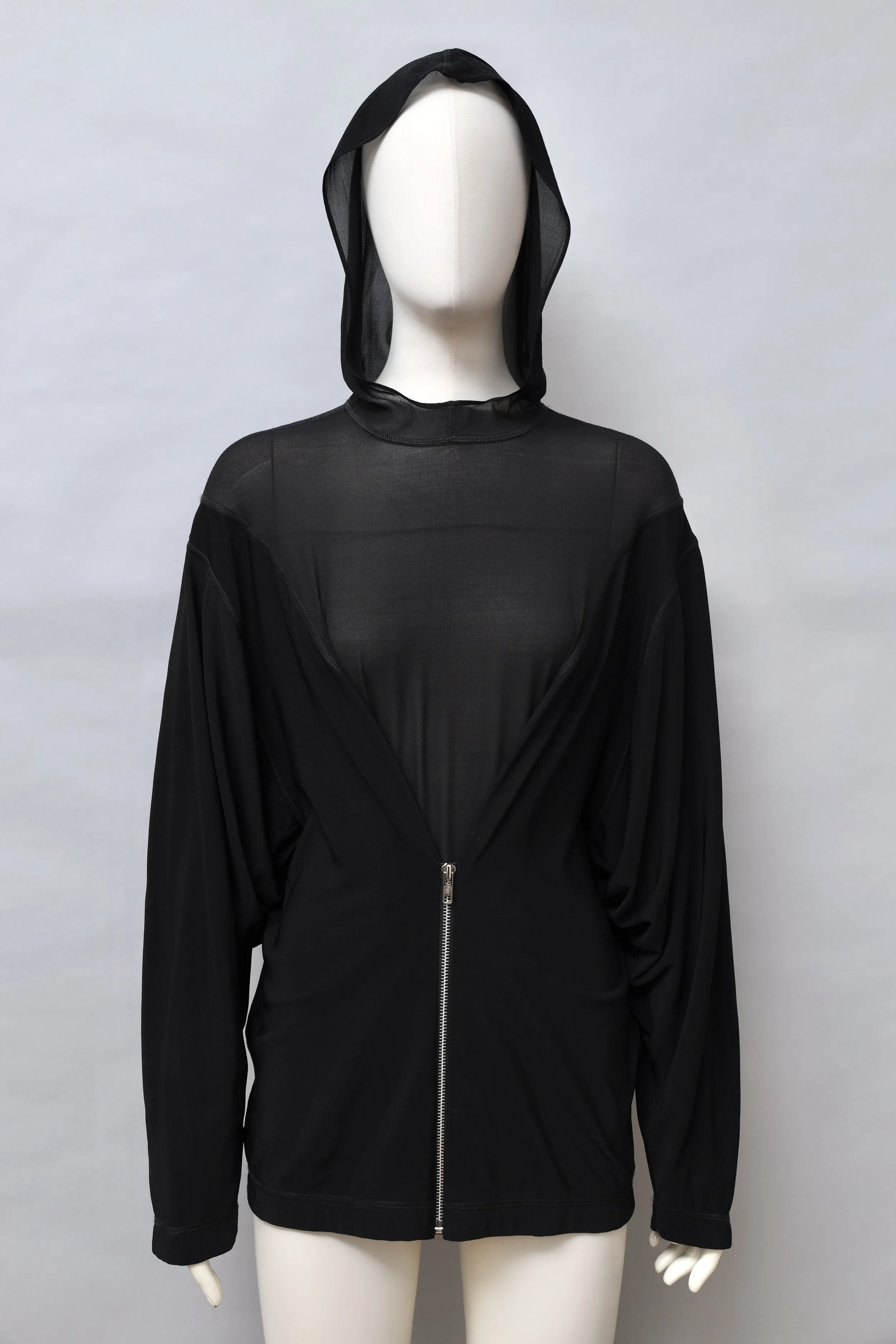 F/W 1990 Chantal Thomass black fleece jersey and silk muslin zip batwing hoodie