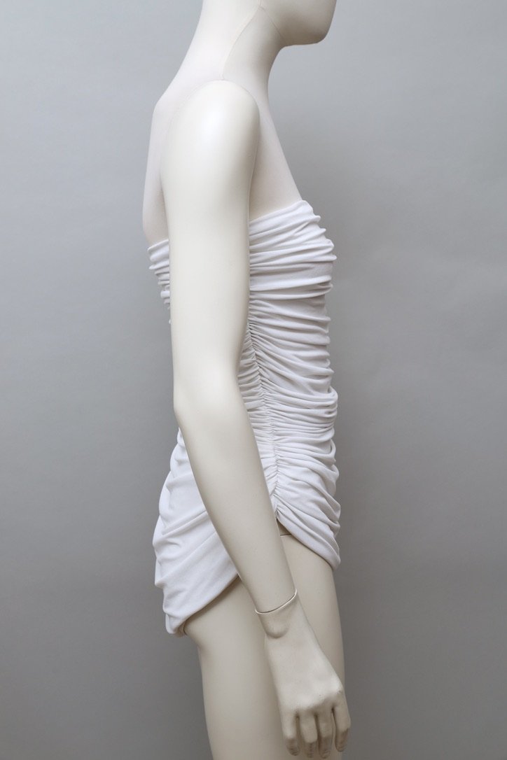 1980s Norma Kamali ruched white cascade bodysuit